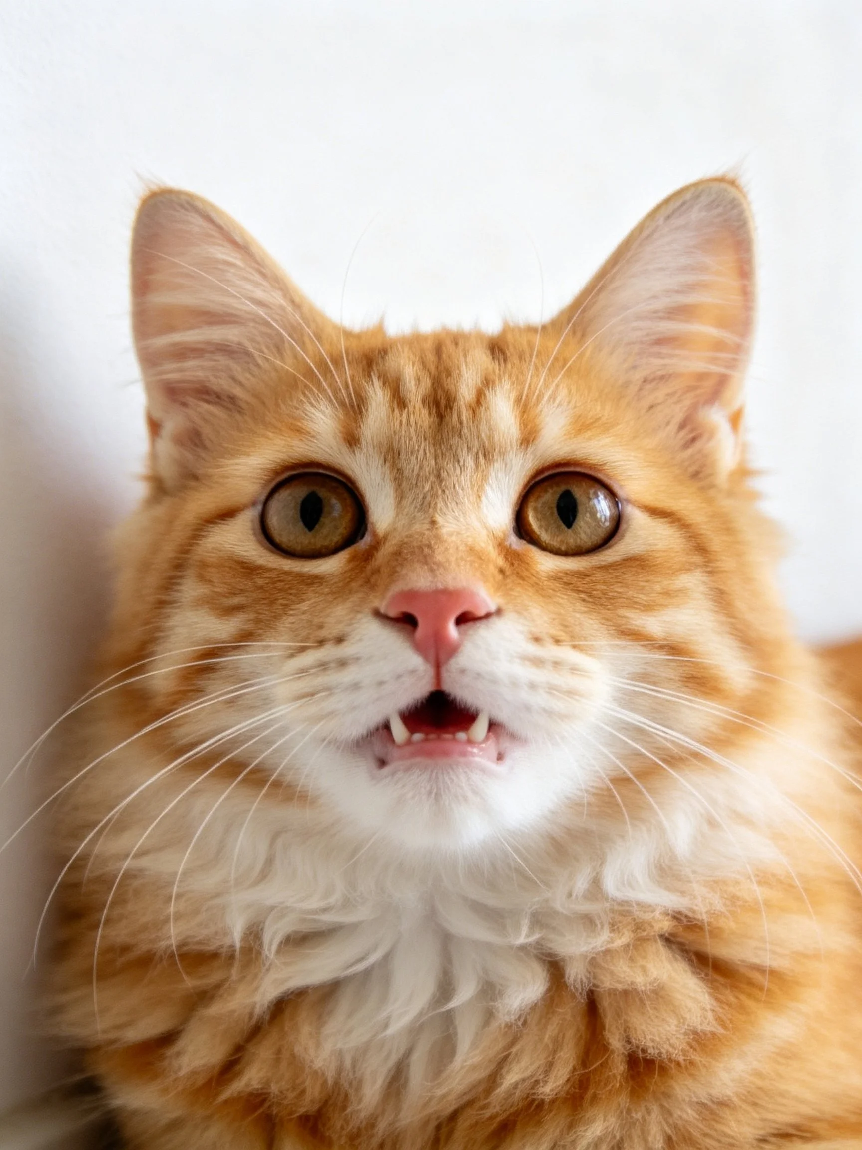 Close - up of a fluffy orange tabby cat with wide eyes.