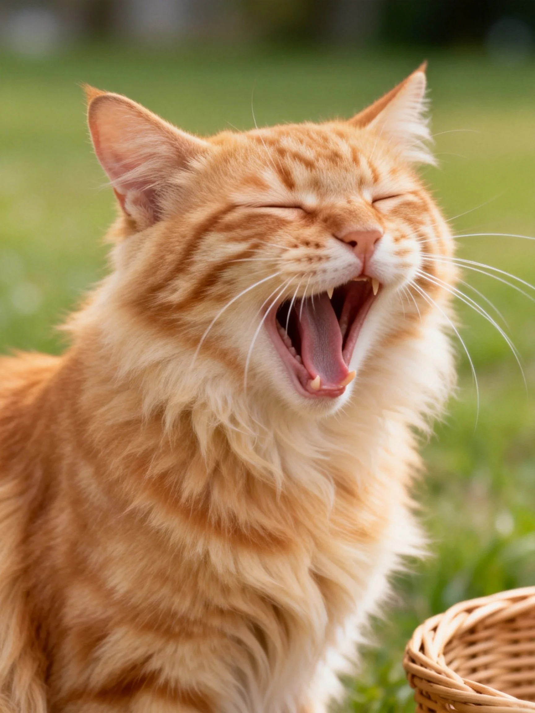 A fluffy orange tabby cat yawning outdoors near a wicker basket
