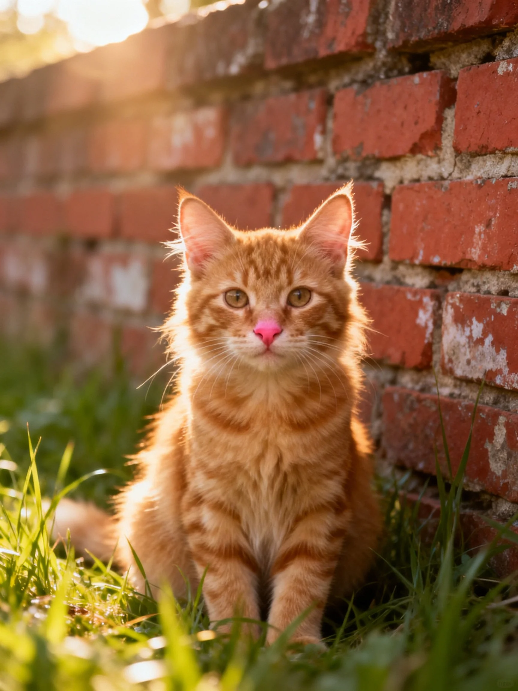 A fluffy orange tabby kitten sits beside a red brick wall in sunlight.