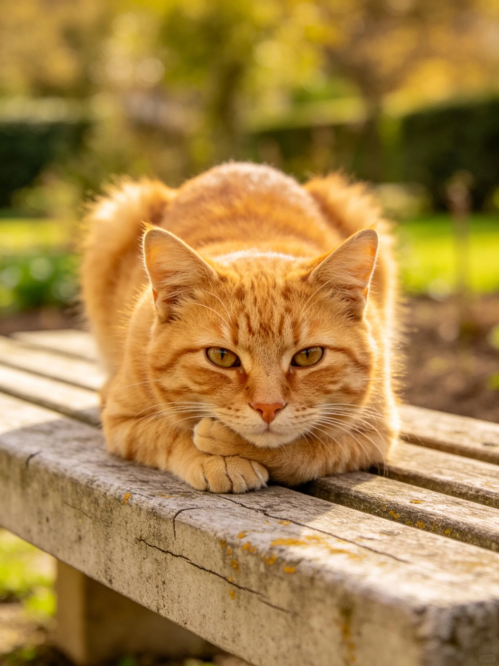 A fluffy orange tabby rests on a weathered wooden bench in a sunlit park