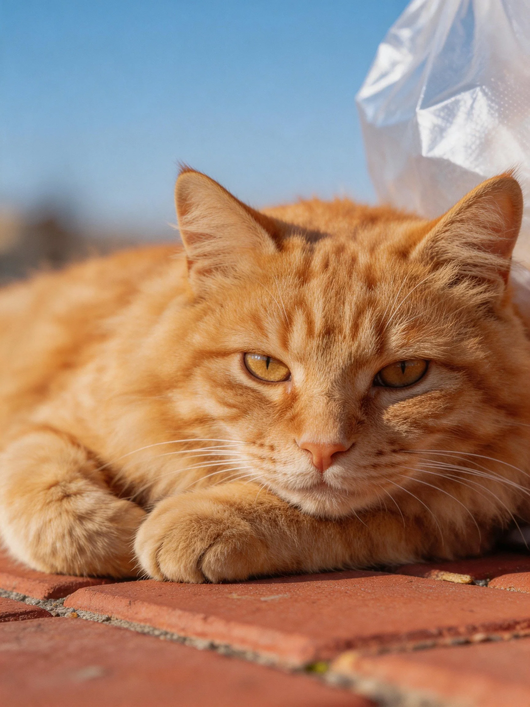 An orange tabby cat relaxes on red brick pavement beside a white plastic bag.