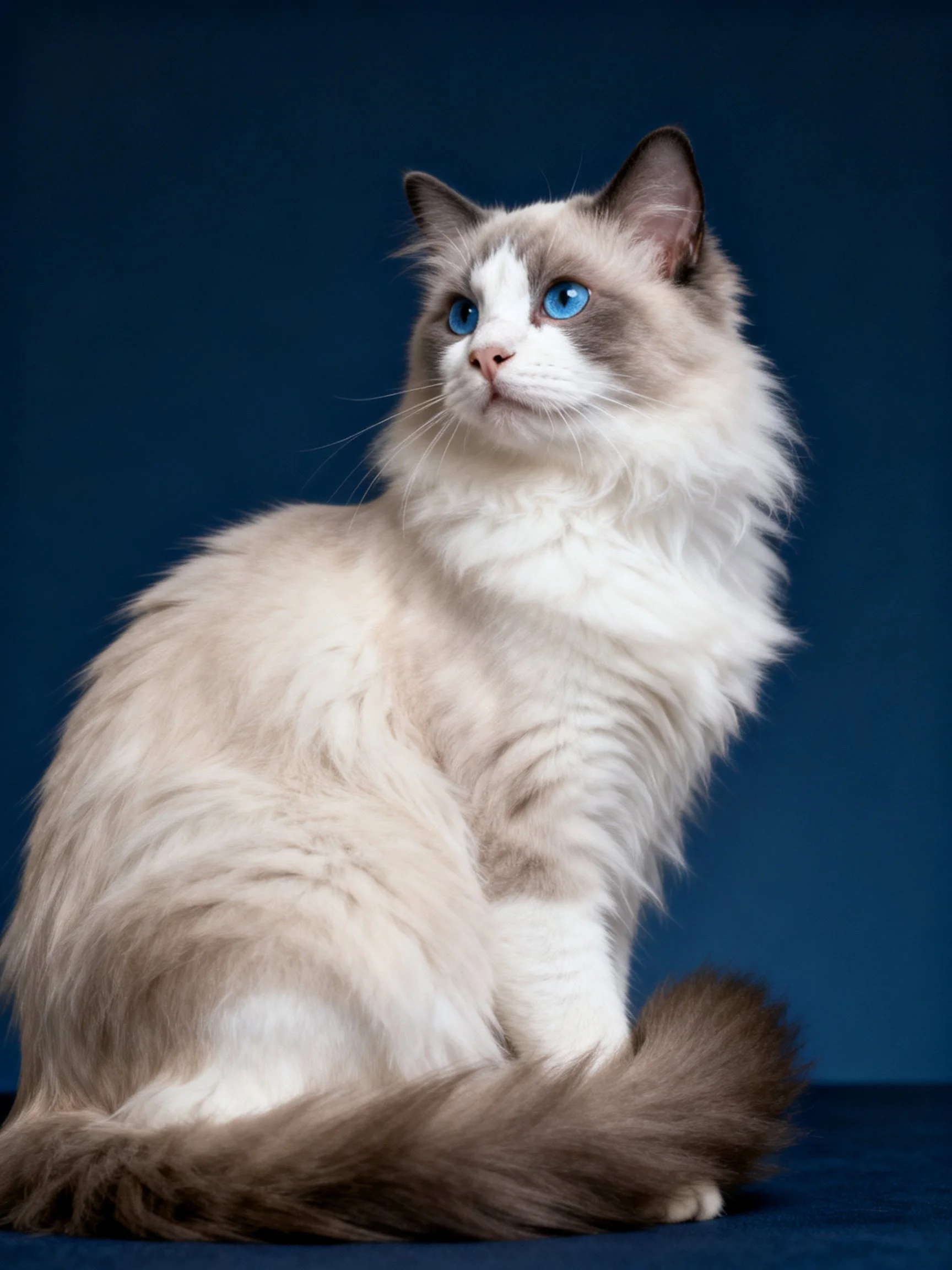 A fluffy ragdoll cat with blue eyes is posed against a dark blue backdrop.