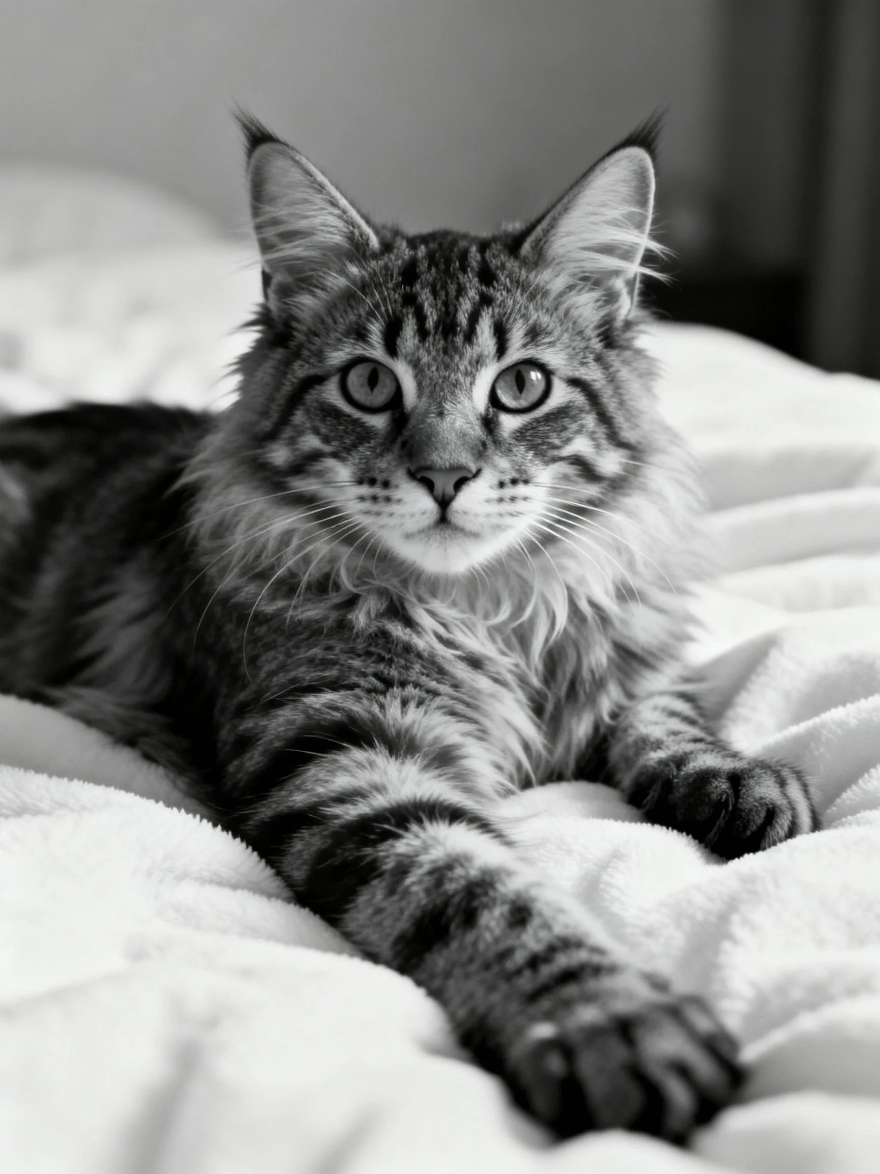 A fluffy tabby cat lounging on a soft bed in black and white