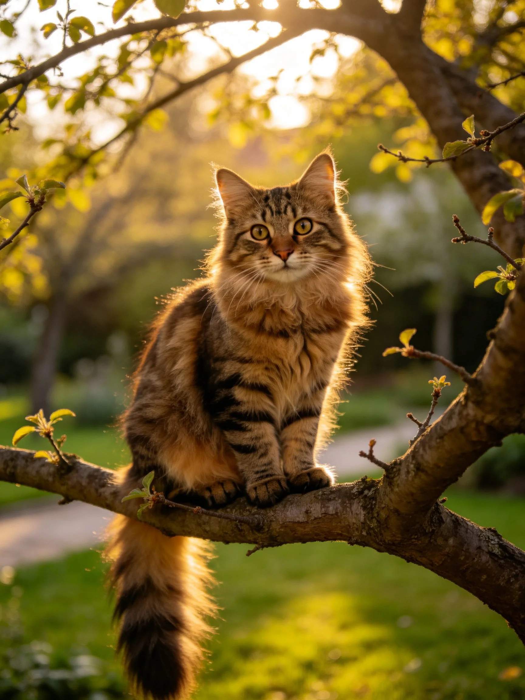 A fluffy tabby cat sits on a sunlit tree branch