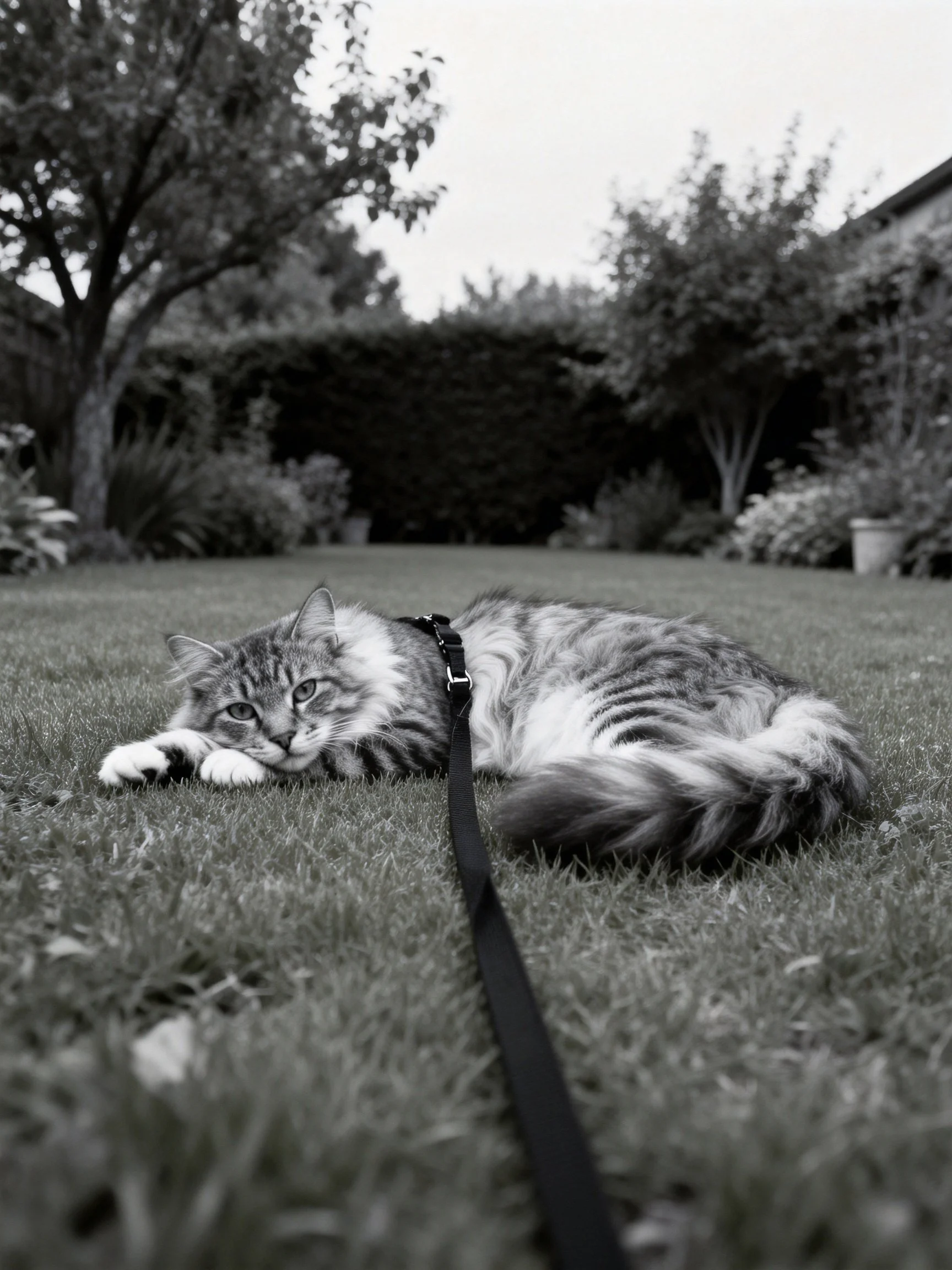 A fluffy tabby cat resting on a grassy lawn with a leash