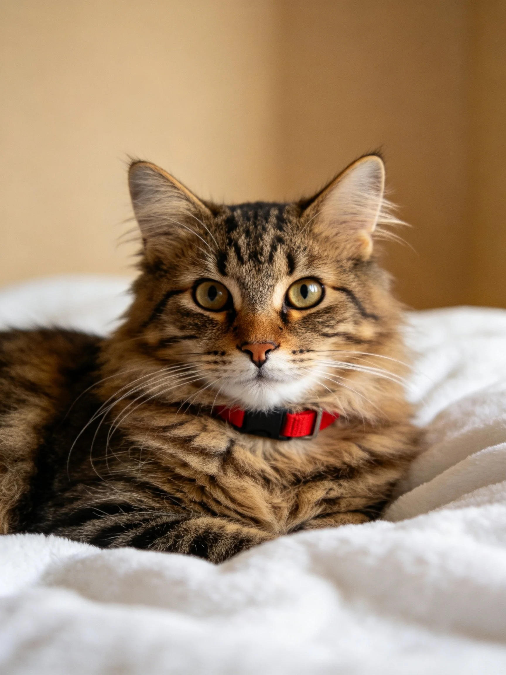 A fluffy tabby cat rests calmly on a white blanket with a red collar.