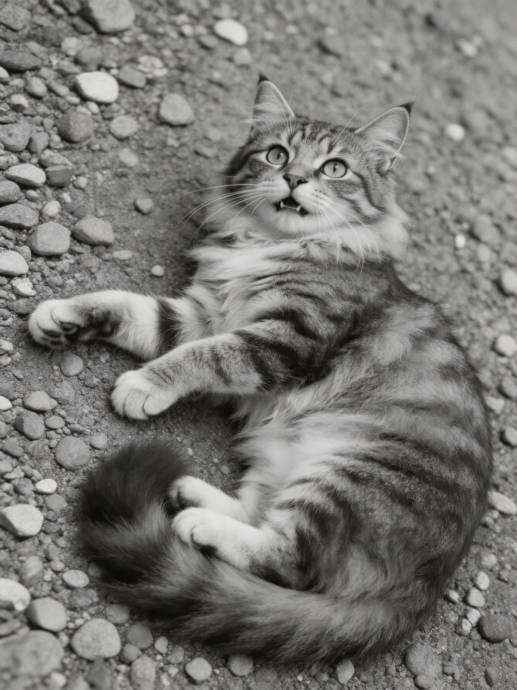 A fluffy tabby cat resting on pebbly ground in black and white