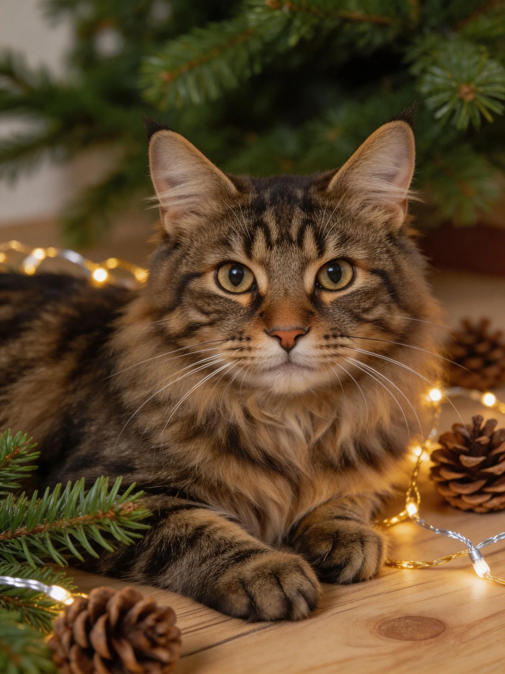 A fluffy tabby cat relaxes amid evergreen decorations and glowing string lights