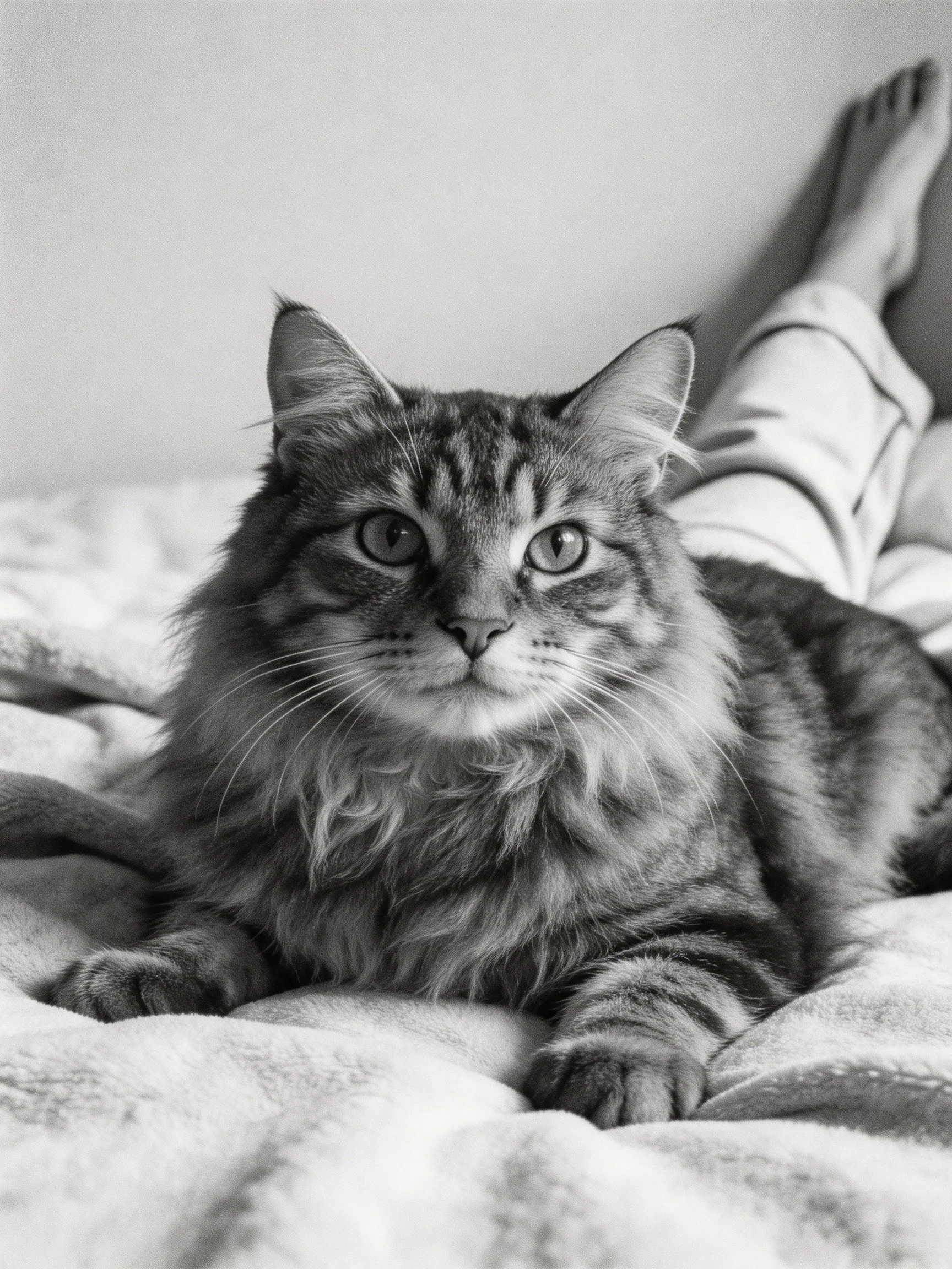 A fluffy tabby cat sits calmly on a bed next to human legs.