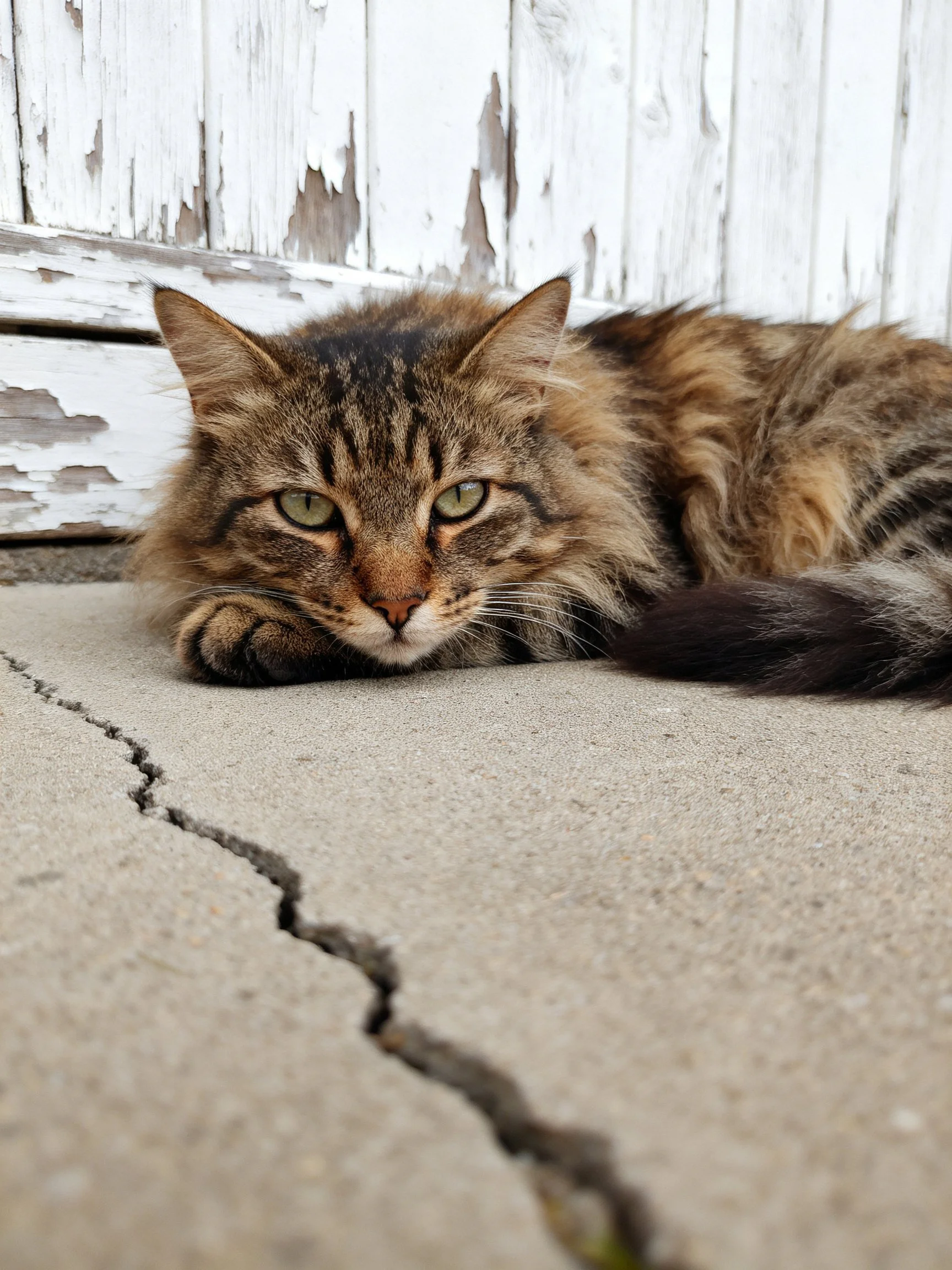 A fluffy tabby cat rests on cracked pavement beside peeling white wood