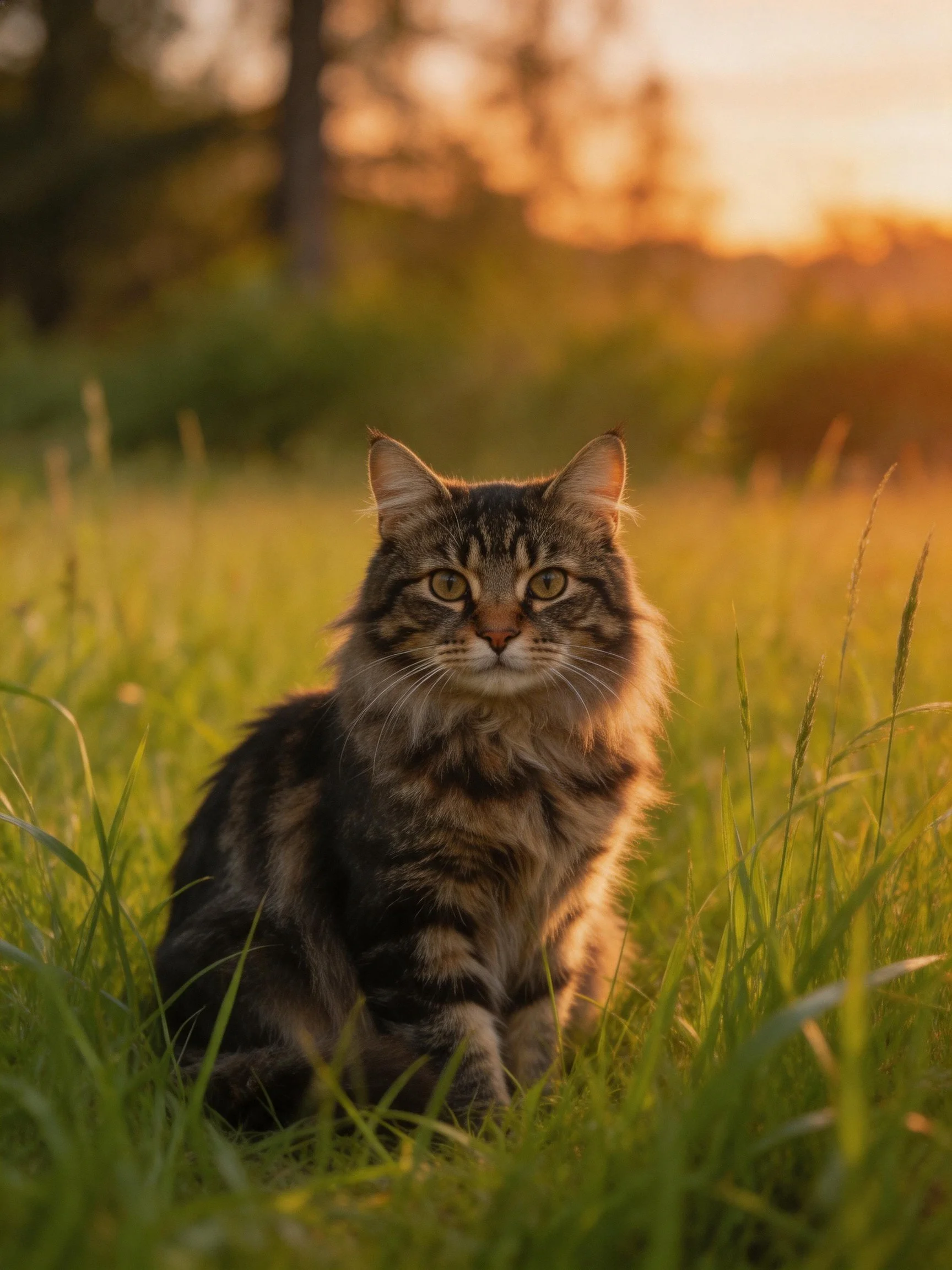 A fluffy tabby cat sits calmly in sunlit tall grass near trees.
