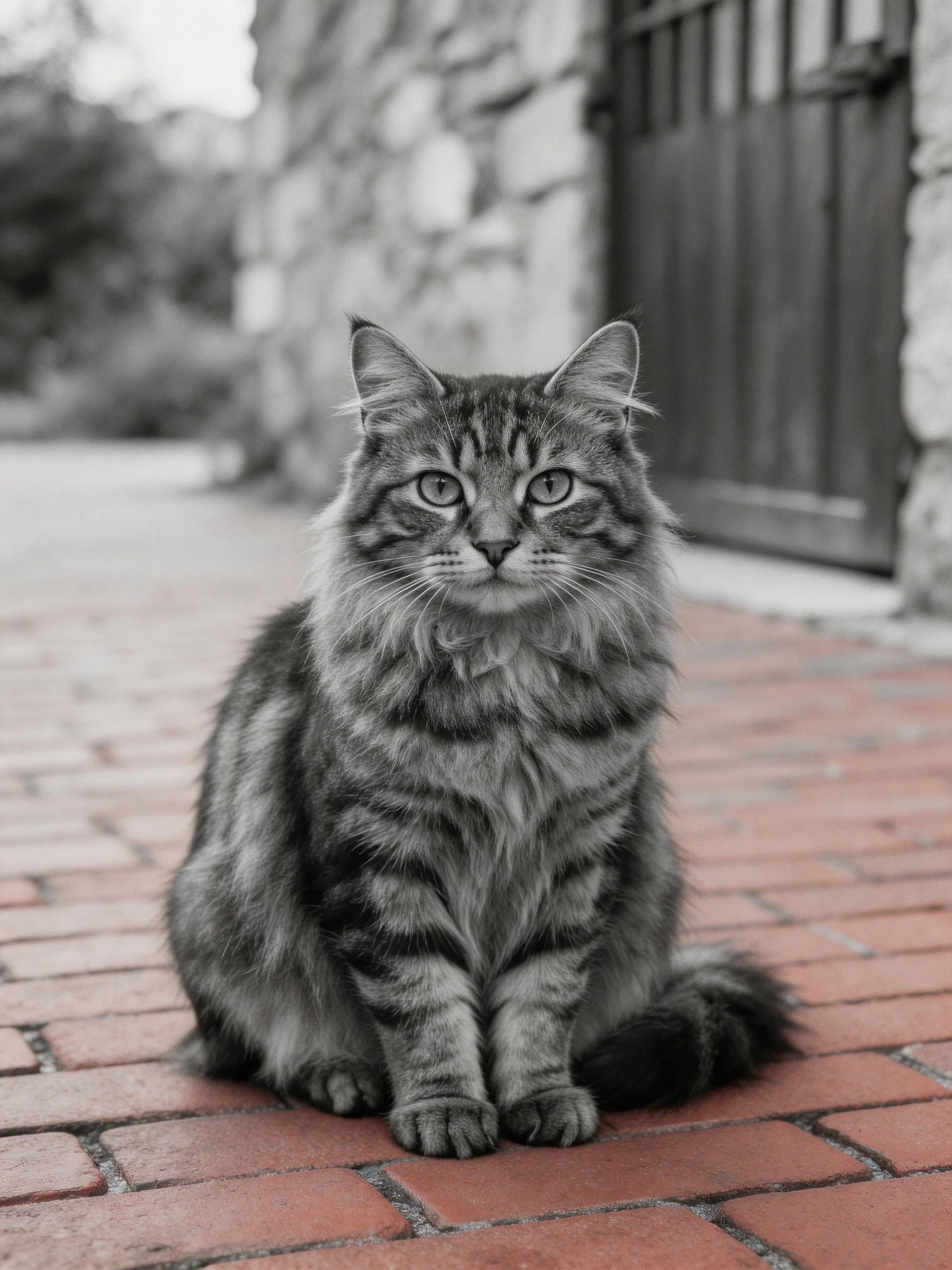 A fluffy tabby cat sits on a brick path near a stone building