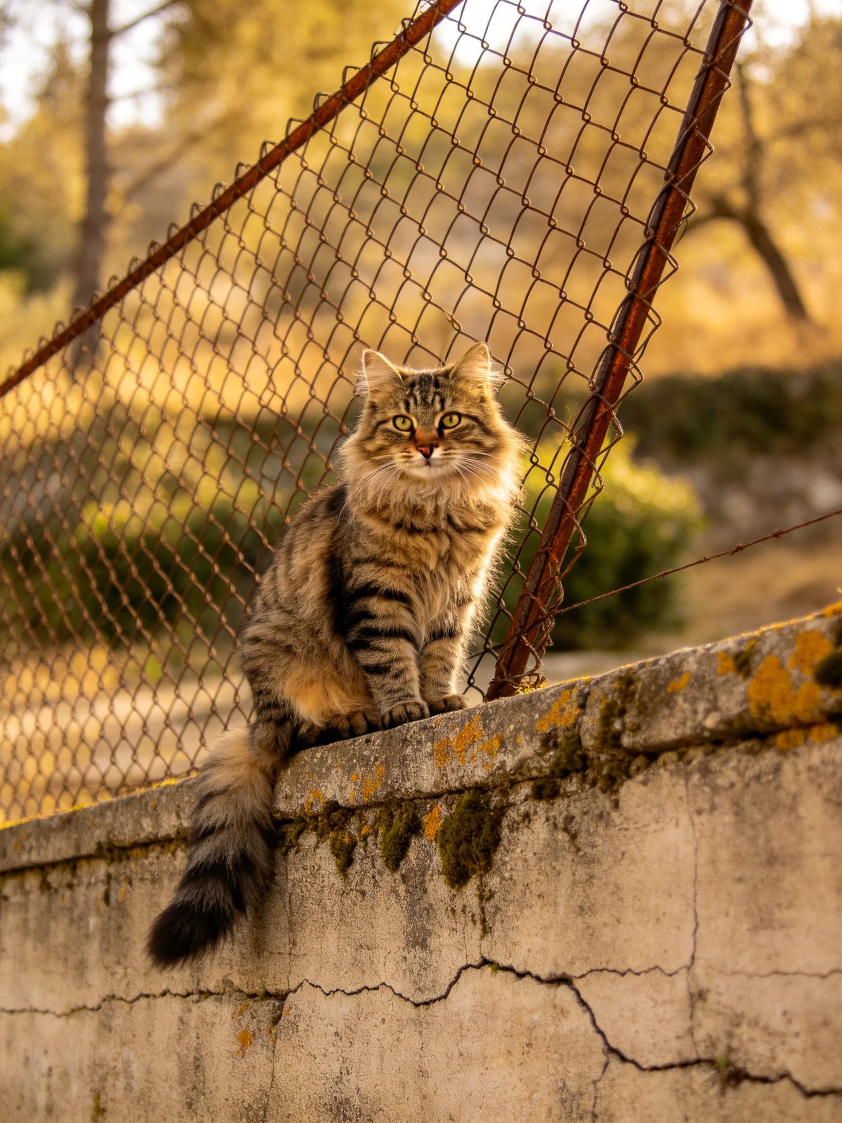 A fluffy tabby cat sits on an aged concrete wall by a rusty wire fence