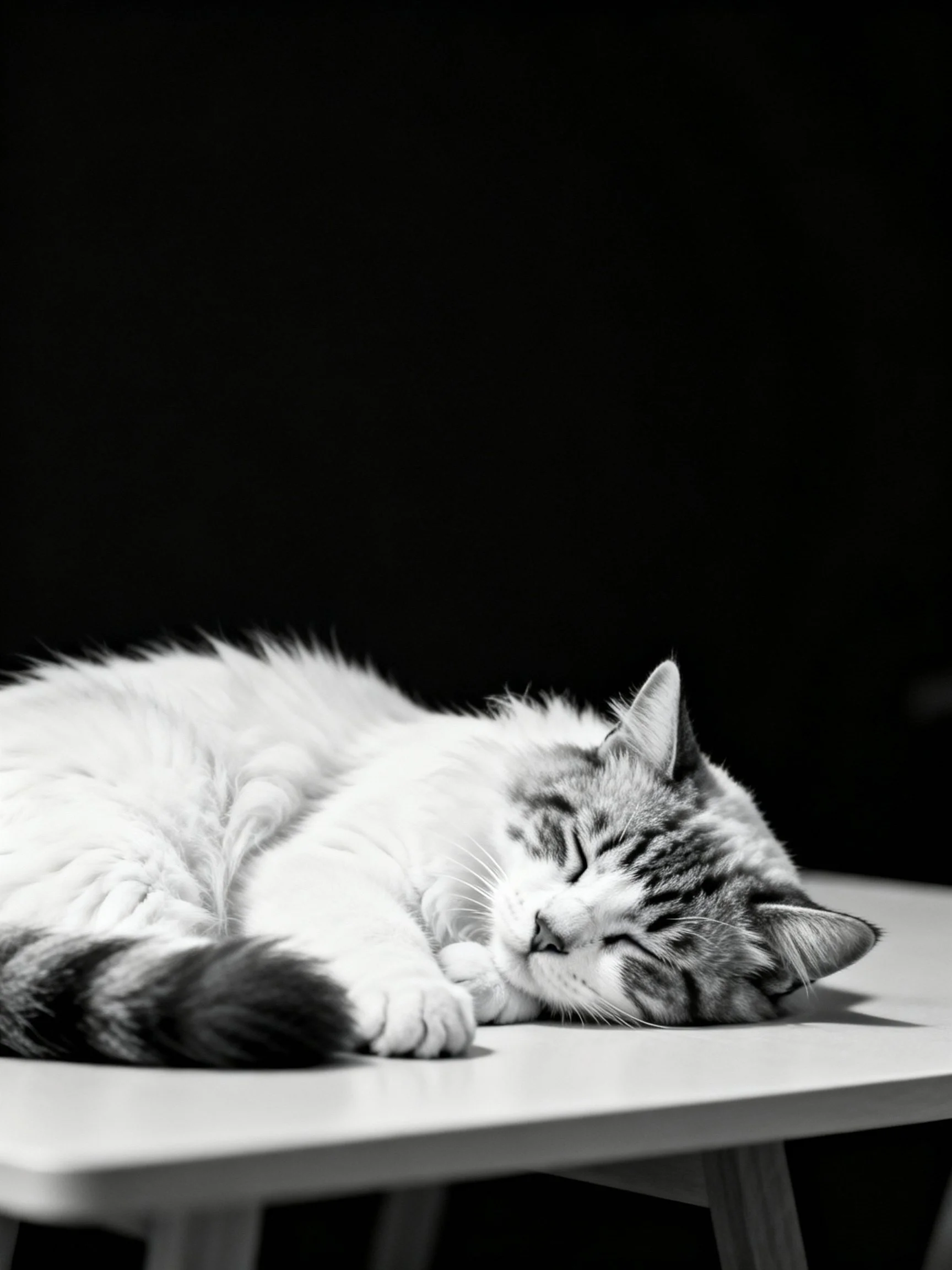 A fluffy tabby cat sleeps soundly on a minimalist table.