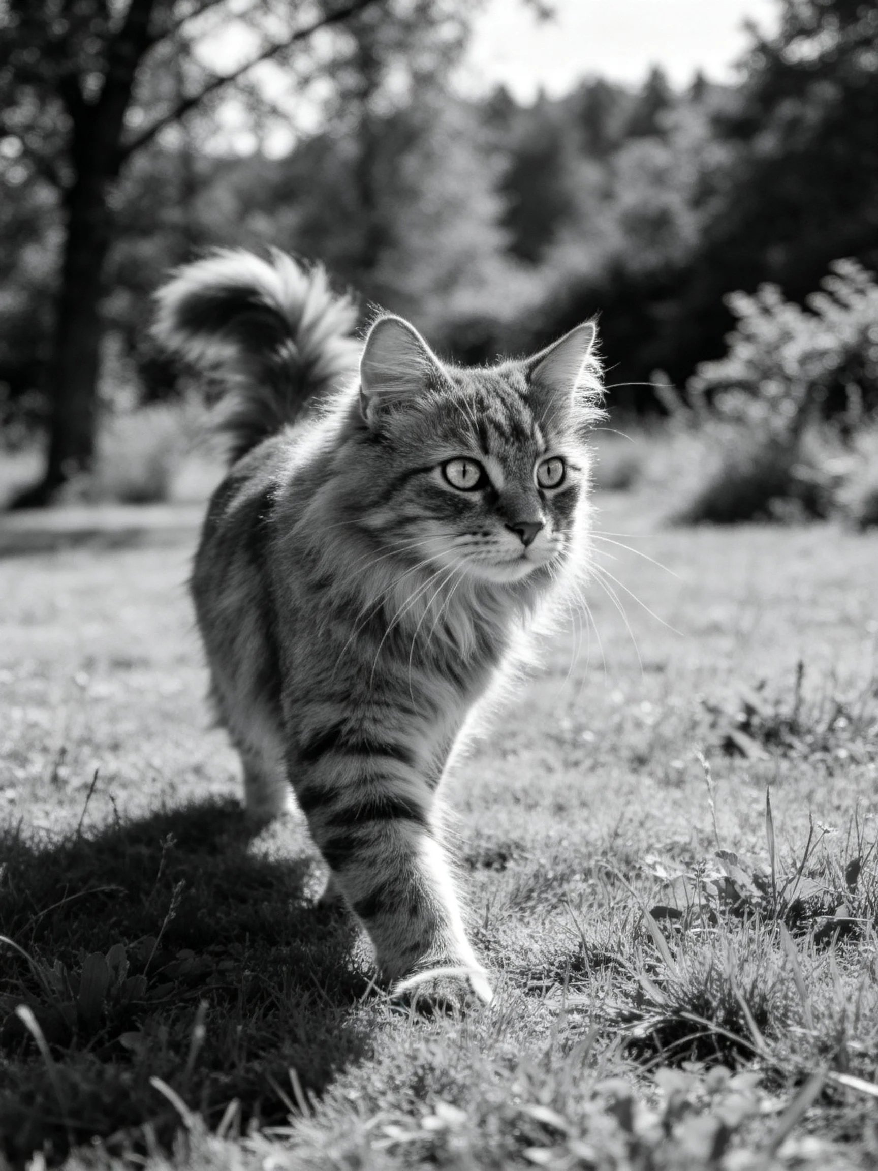 A fluffy tabby cat walking through a sunlit grassy landscape