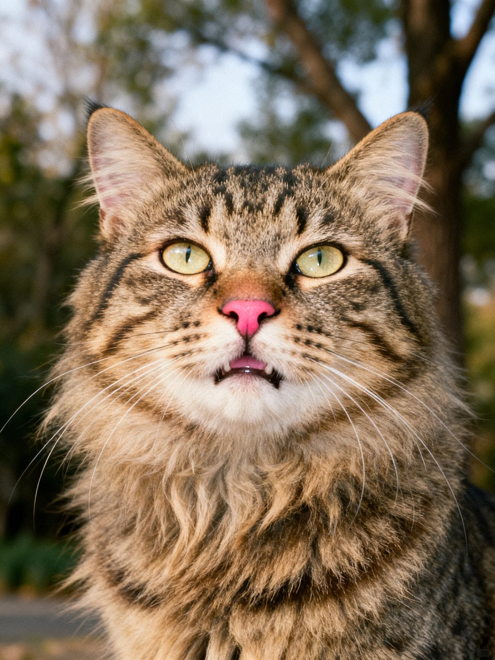 A fluffy tabby cat with a pink nose outdoors