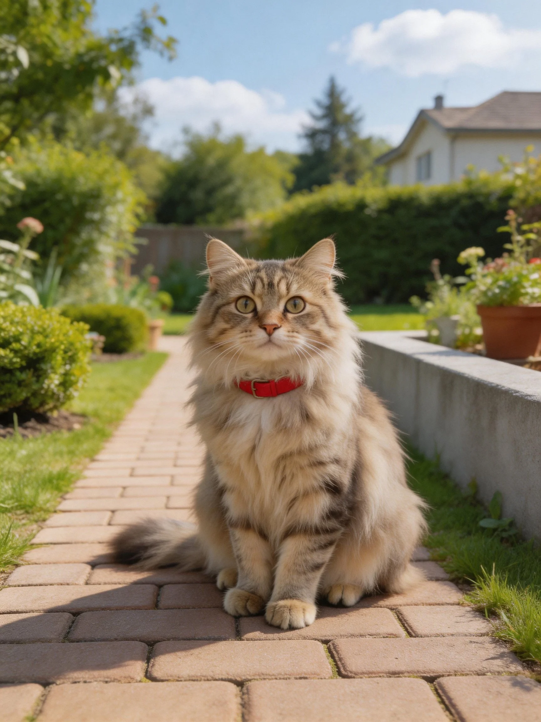 A fluffy tabby cat with a red collar sits on a brick pathway in a sunny garden