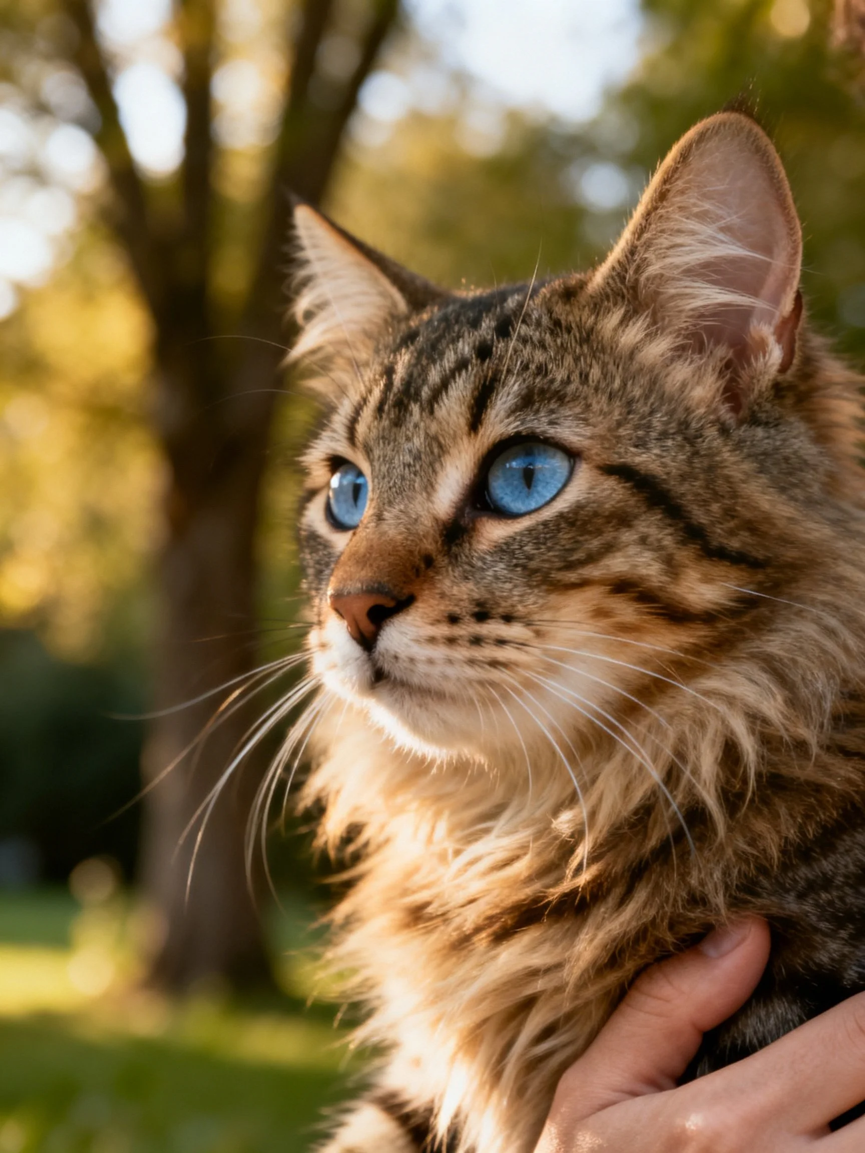 A fluffy tabby cat with bright blue eyes is held outdoors near trees.