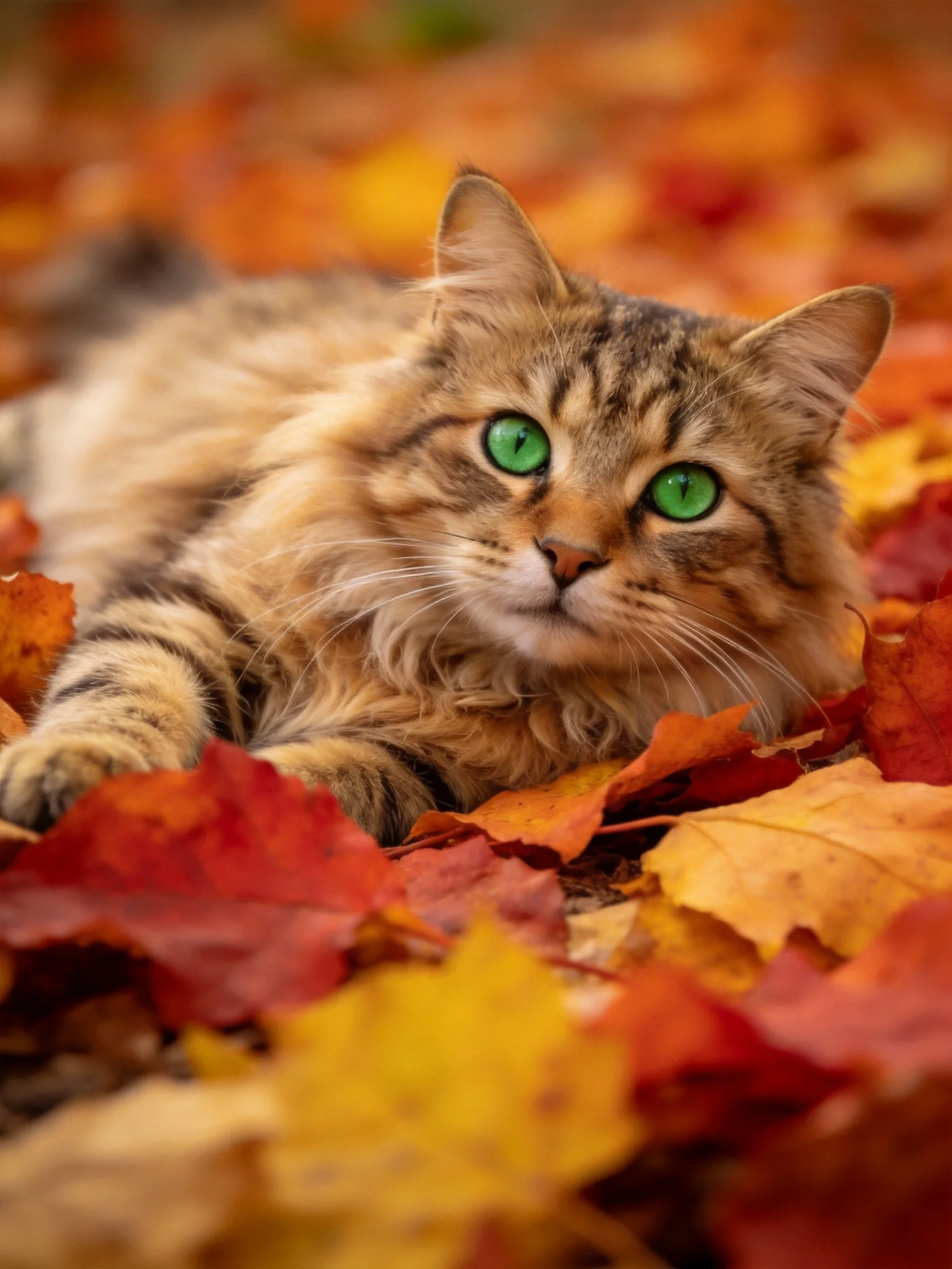 A fluffy tabby cat rests among colorful autumn leaves in soft natural light.