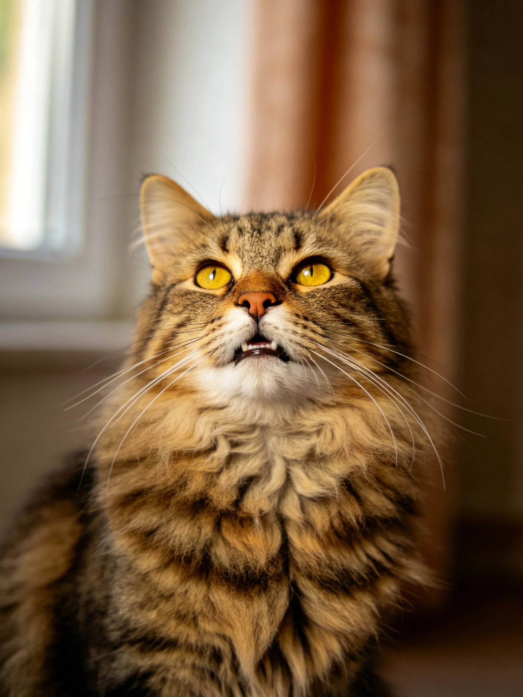 A fluffy tabby cat with bright yellow eyes looks upward near a window.