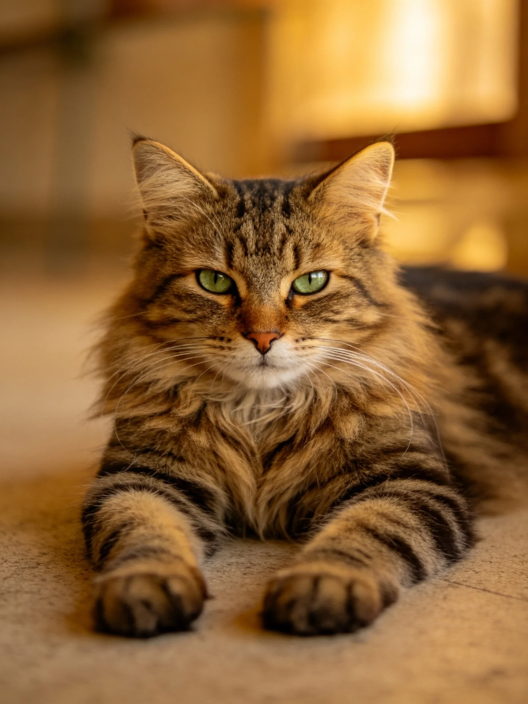 A fluffy tabby cat with green eyes rests calmly in a warmly lit interior setting.