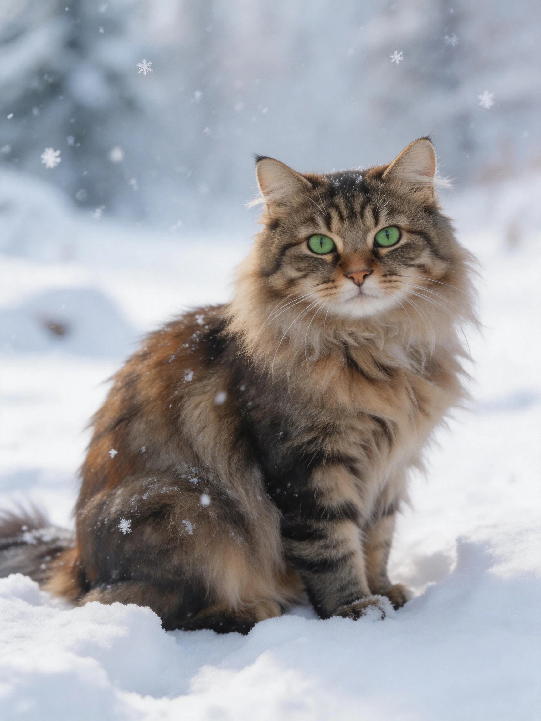 A fluffy tabby cat with green eyes sits calmly in falling snow.