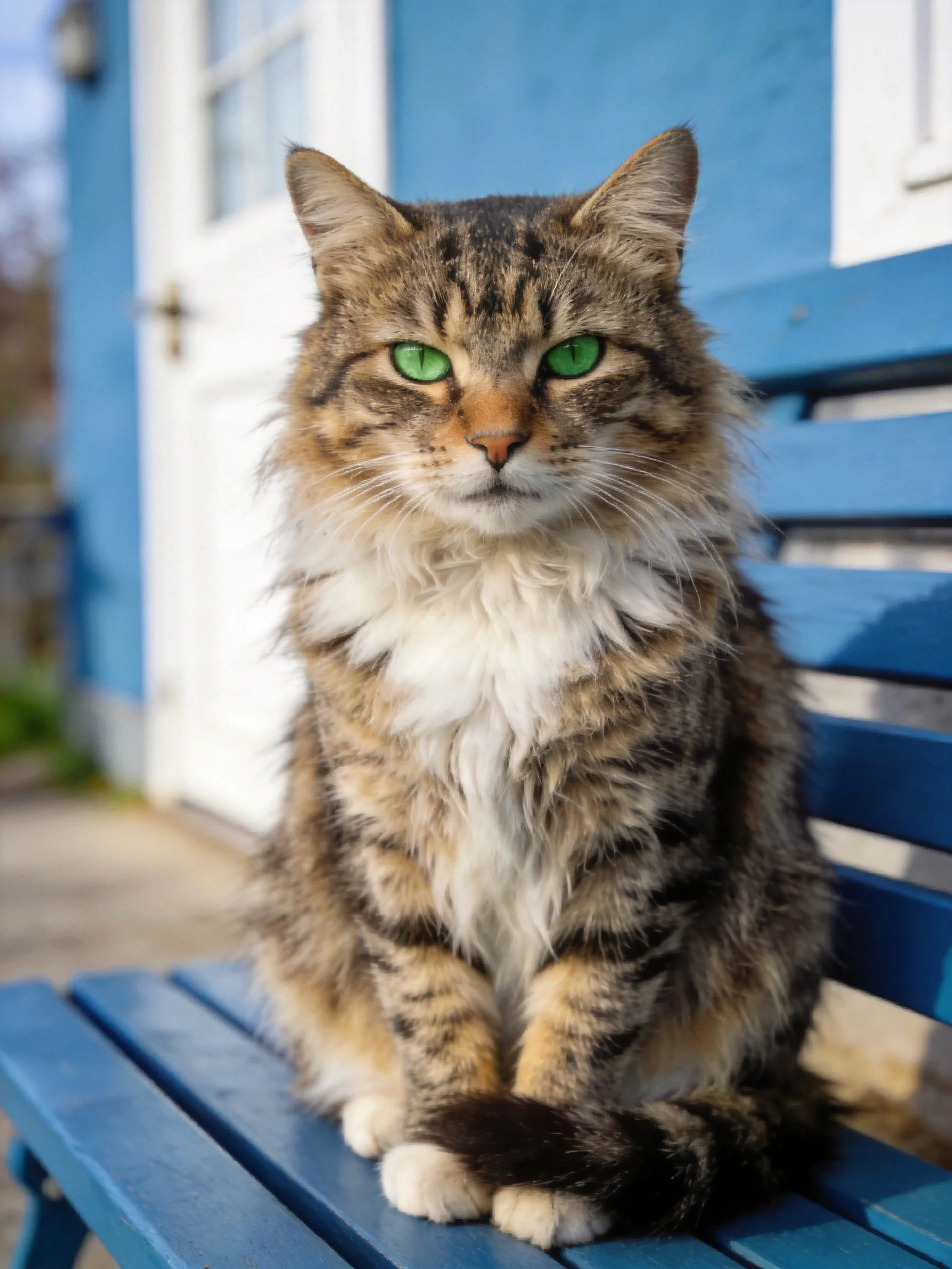 A tabby cat with green eyes sits calmly on a blue bench near a blue building