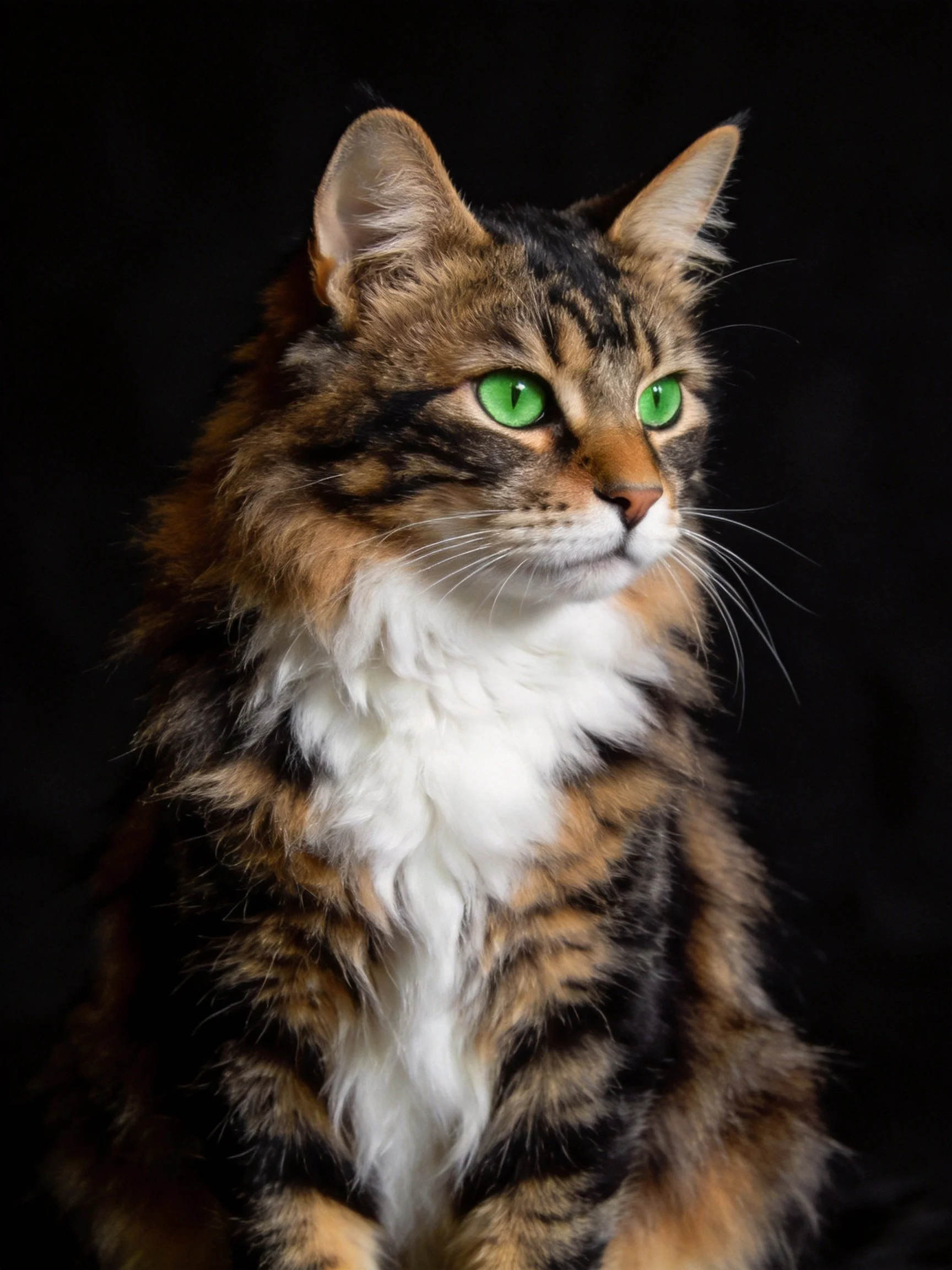 A close - up of a tortoiseshell cat with vivid green eyes on a dark background.