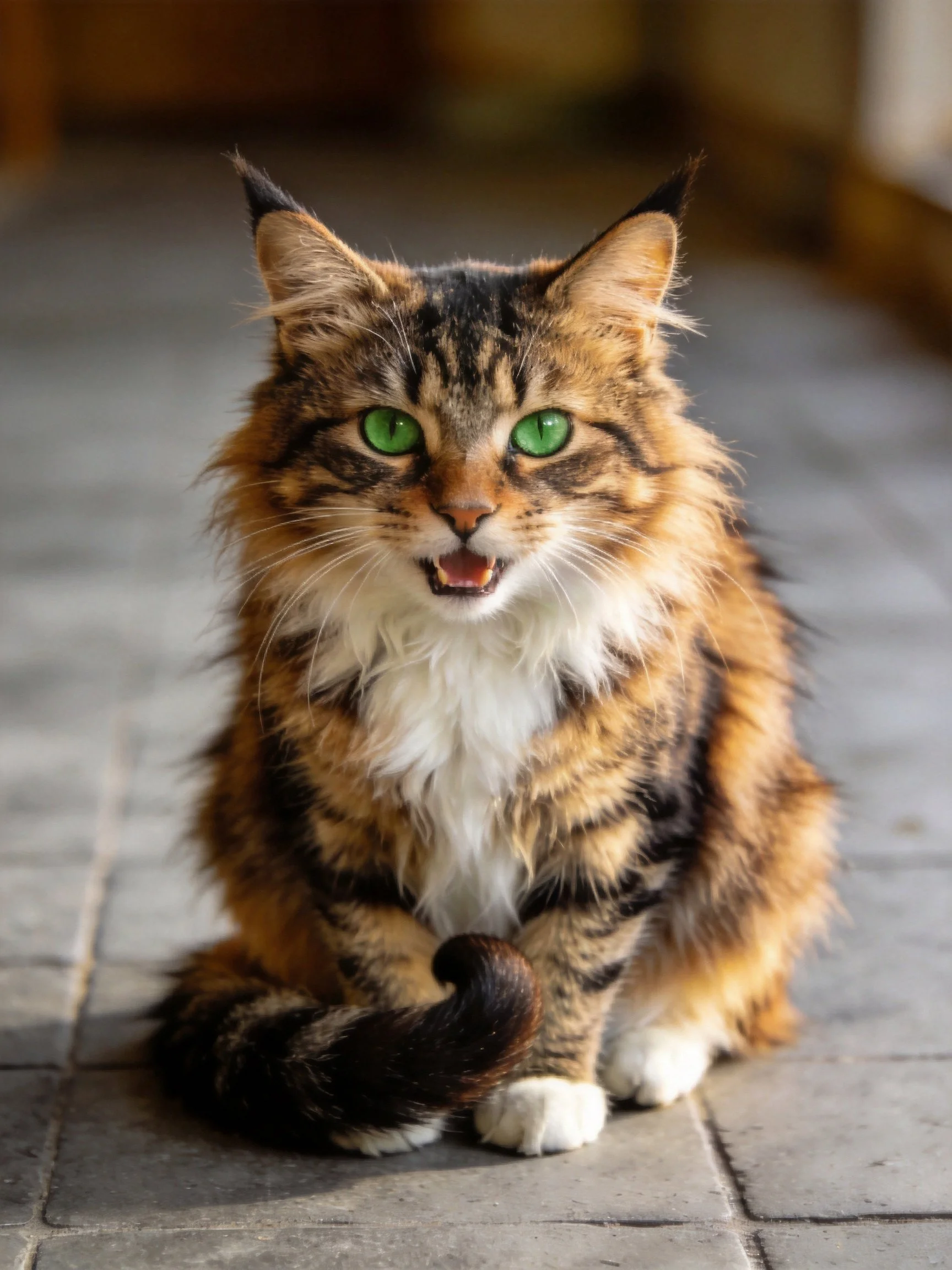 A fluffy tortoiseshell cat with bright green eyes sits on stone tiles.