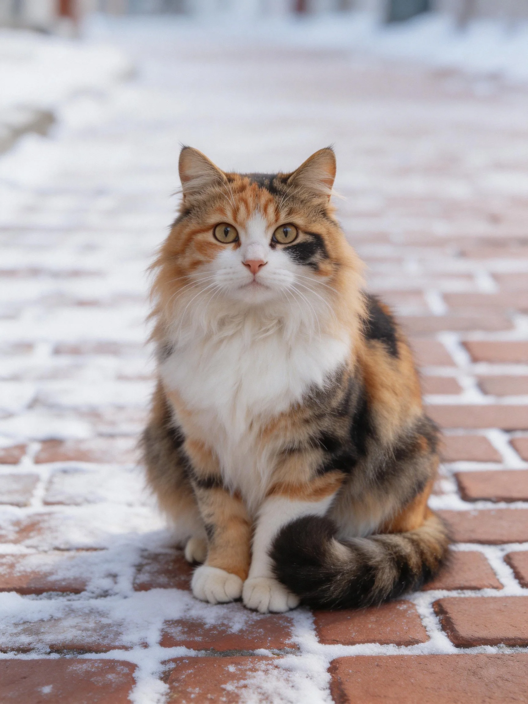 A tri-colored cat sits calmly on a partially snow-covered brick path.