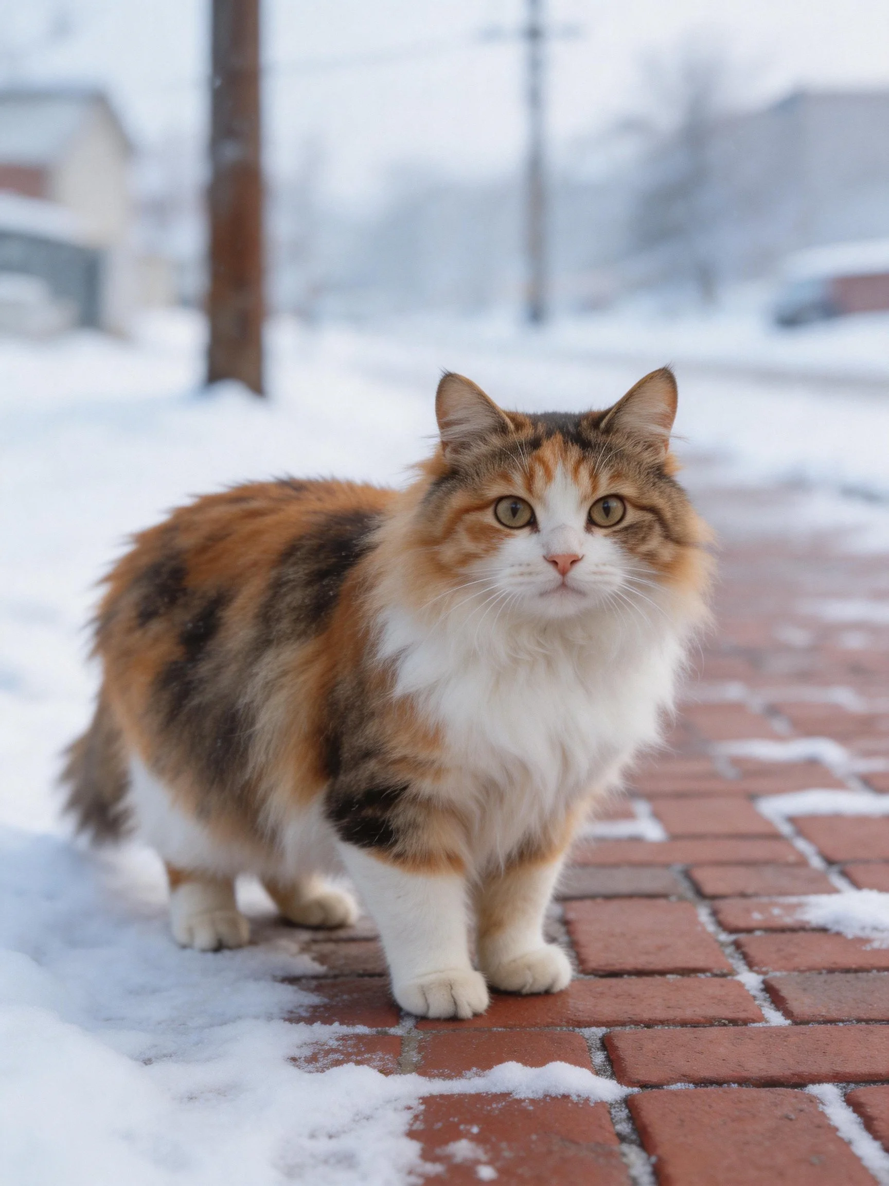 A tri-colored cat stands on a snow-dusted brick walkway in a wintry scene.