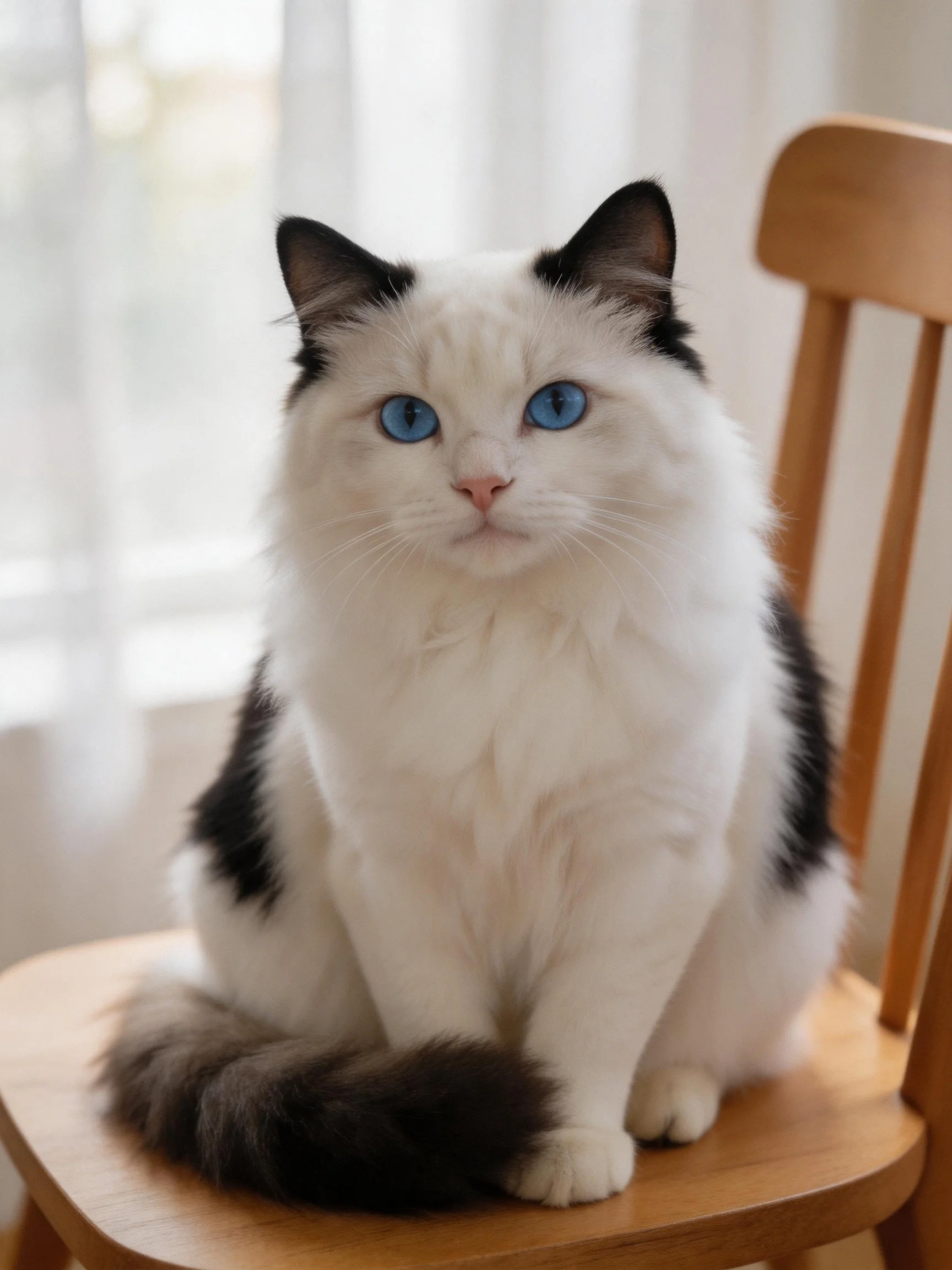A white and black cat with striking blue eyes rests on a wooden chair indoors.