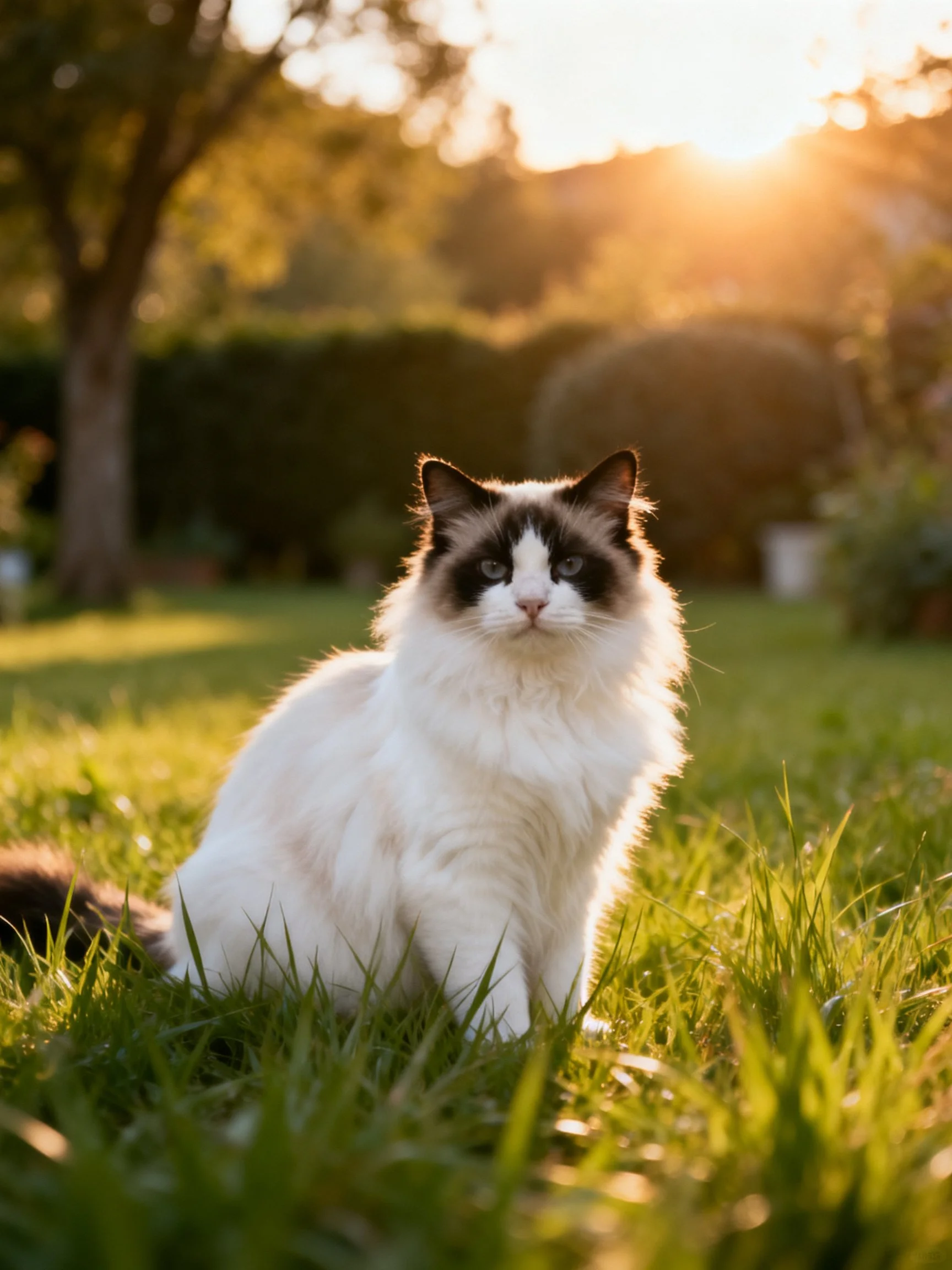 A fluffy white and brown cat rests on lush green grass under golden sunlight.