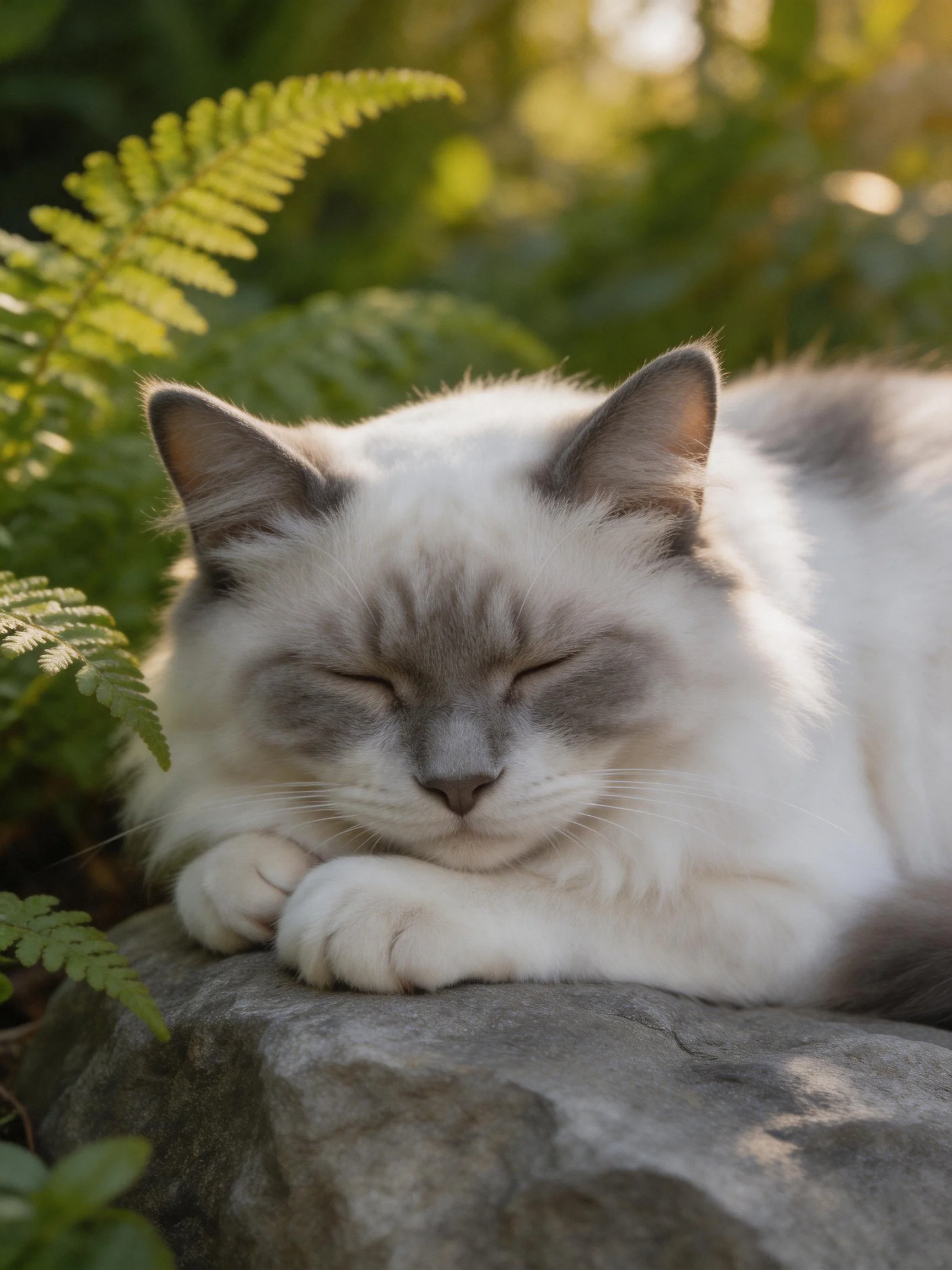 A fluffy white and gray cat napping on a stone amid ferns