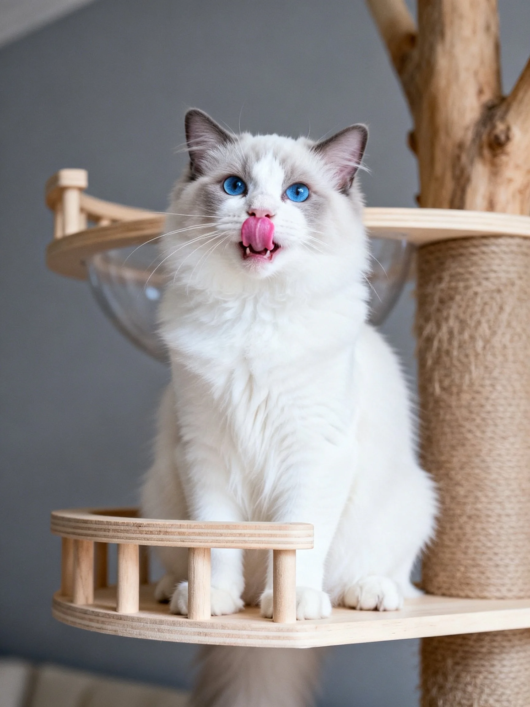 A white and gray cat with blue eyes licks its nose on a wooden cat tree