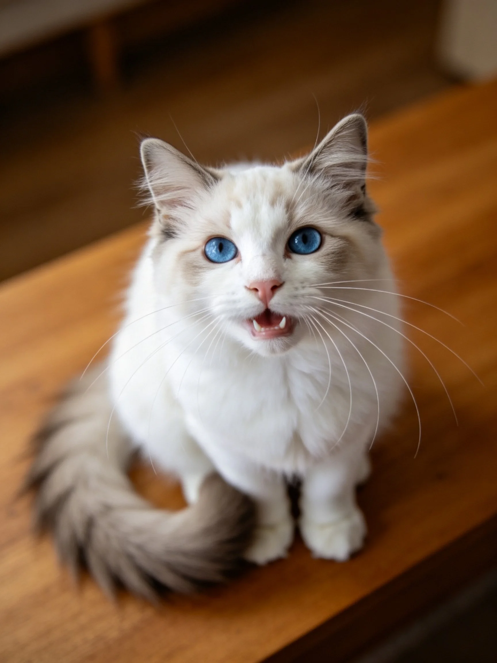A fluffy cat with striking blue eyes rests on a wooden surface.