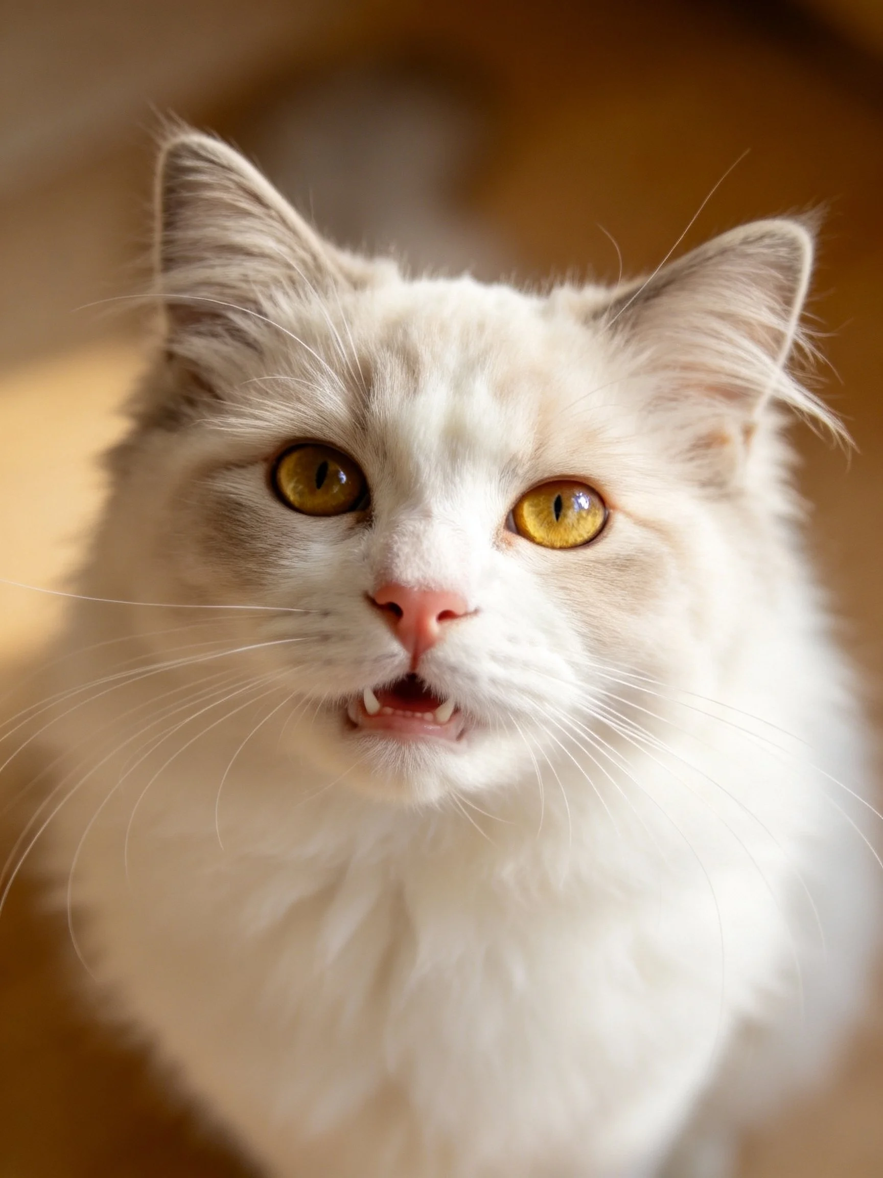 A fluffy white and gray cat with bright yellow eyes looks directly at the viewer