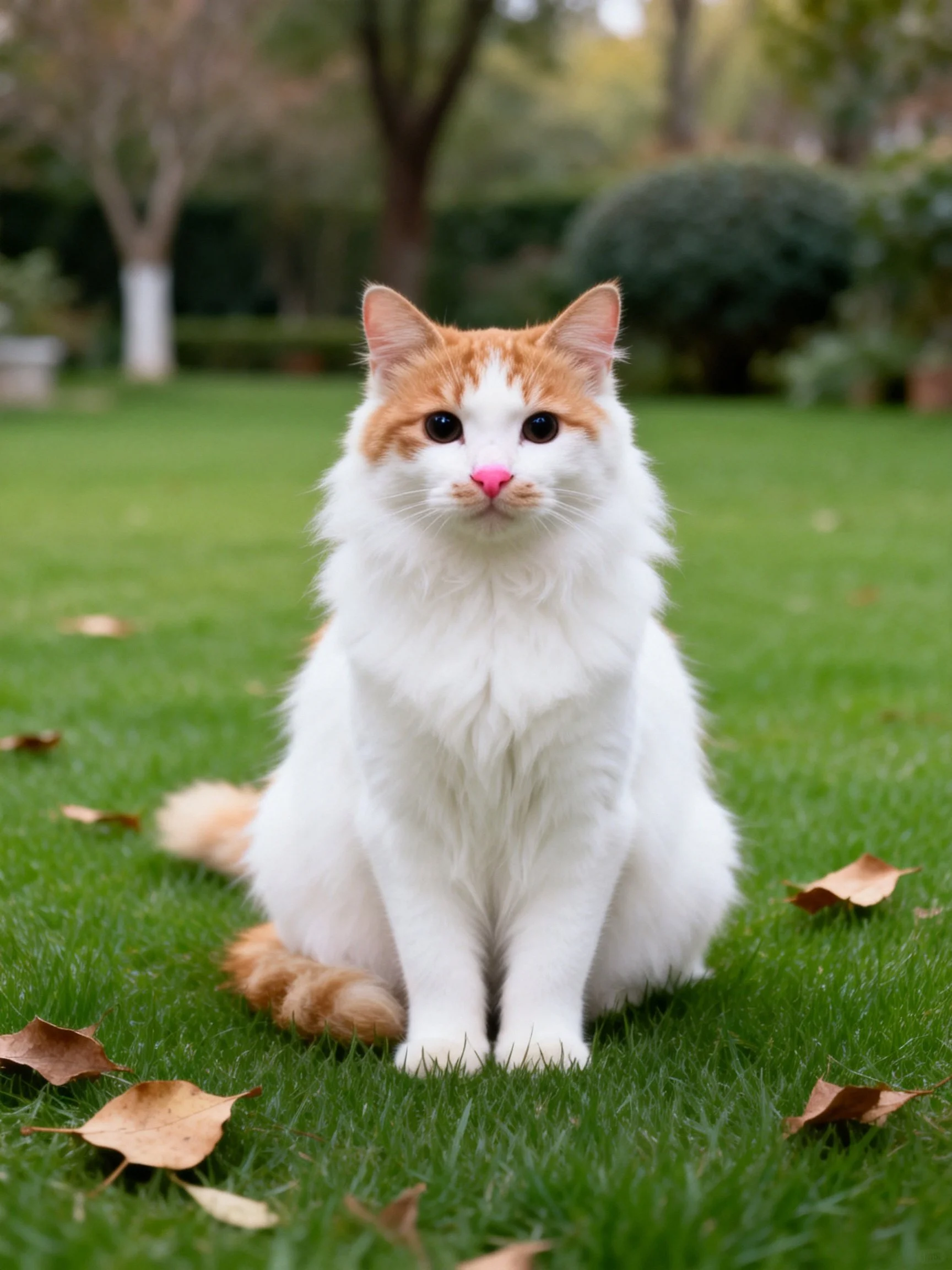 A fluffy white and orange cat sits calmly on lush green grass among scattered brown leaves.
