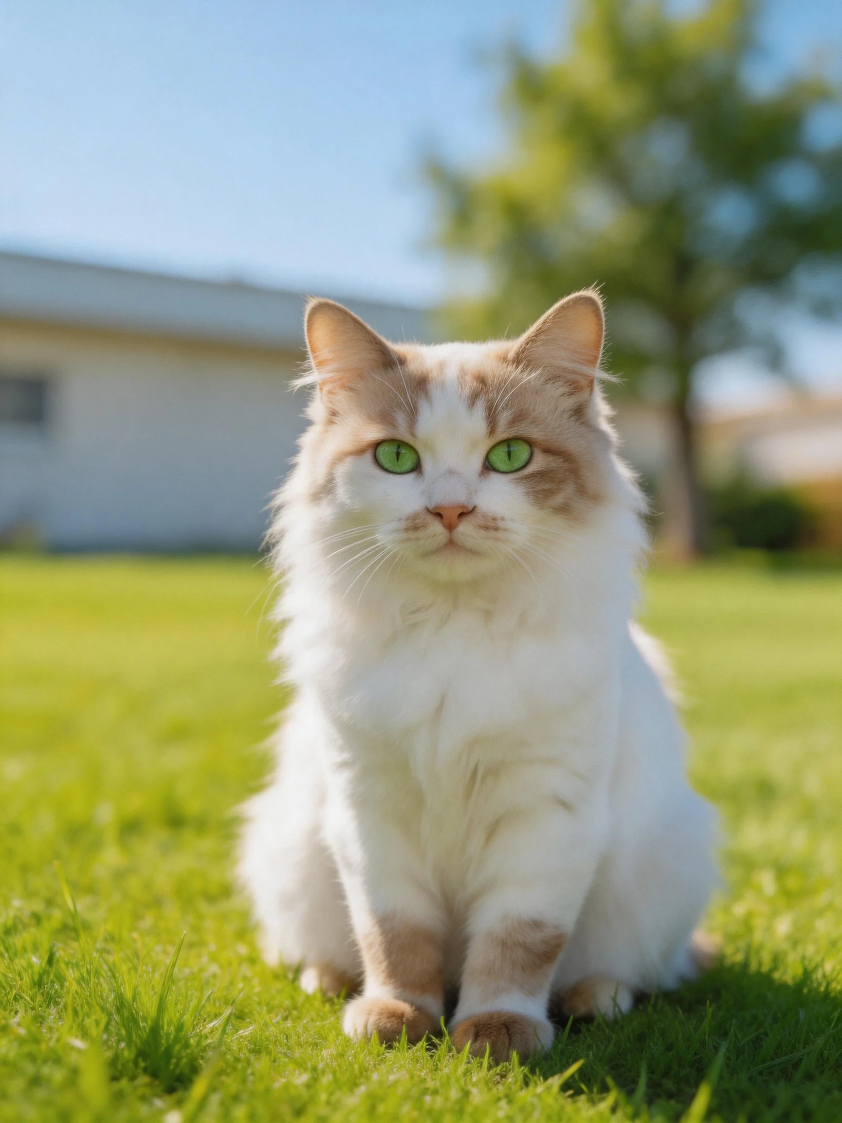 A fluffy white and tan cat with green eyes sits calmly on green grass in an outdoor setting.