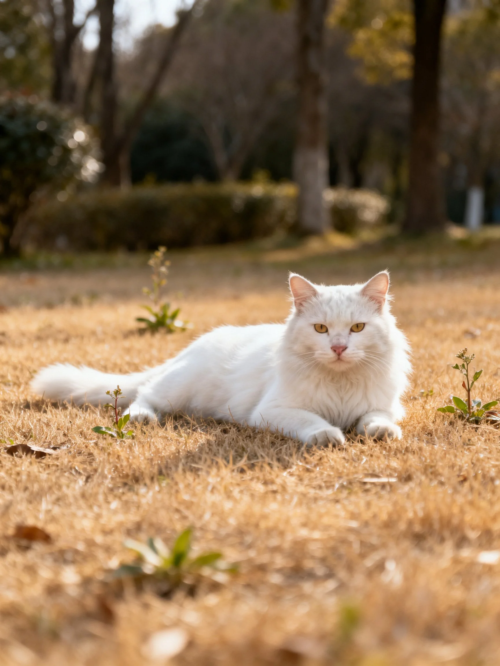 A fluffy white cat lies on dry grass in a sunlit park