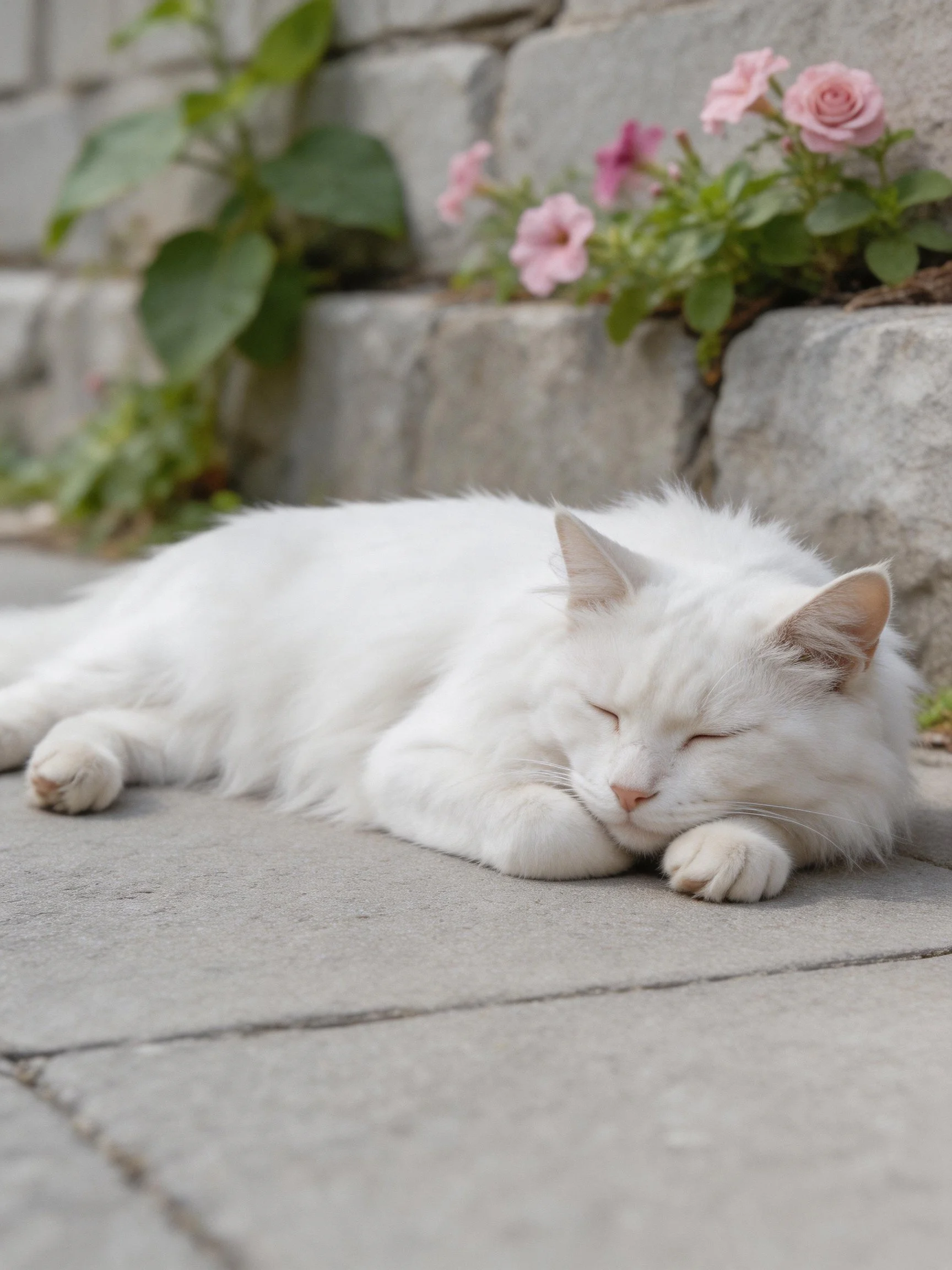 A fluffy white cat naps near a stone wall with pink flowers