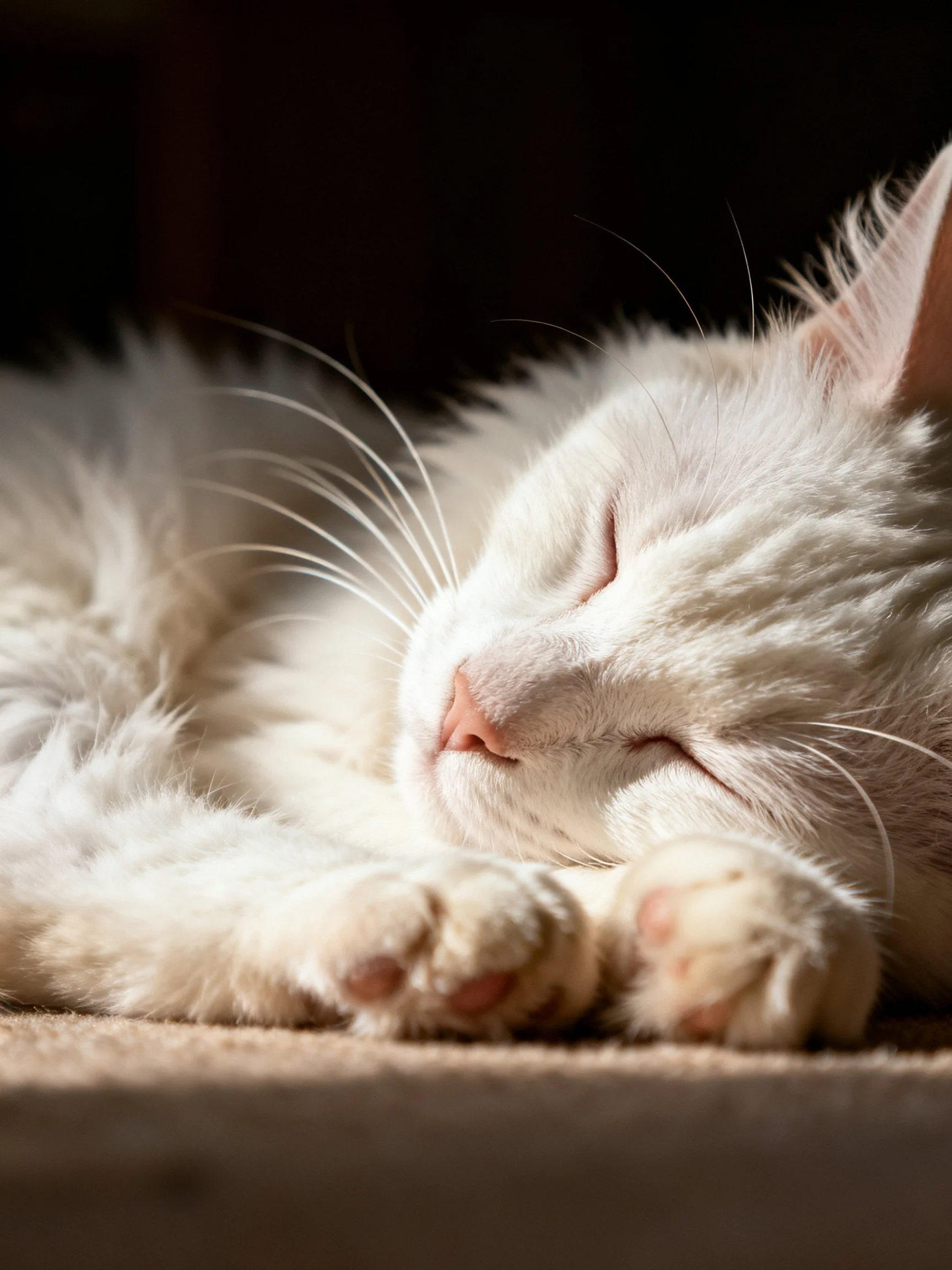 A fluffy white cat naps on a soft surface
