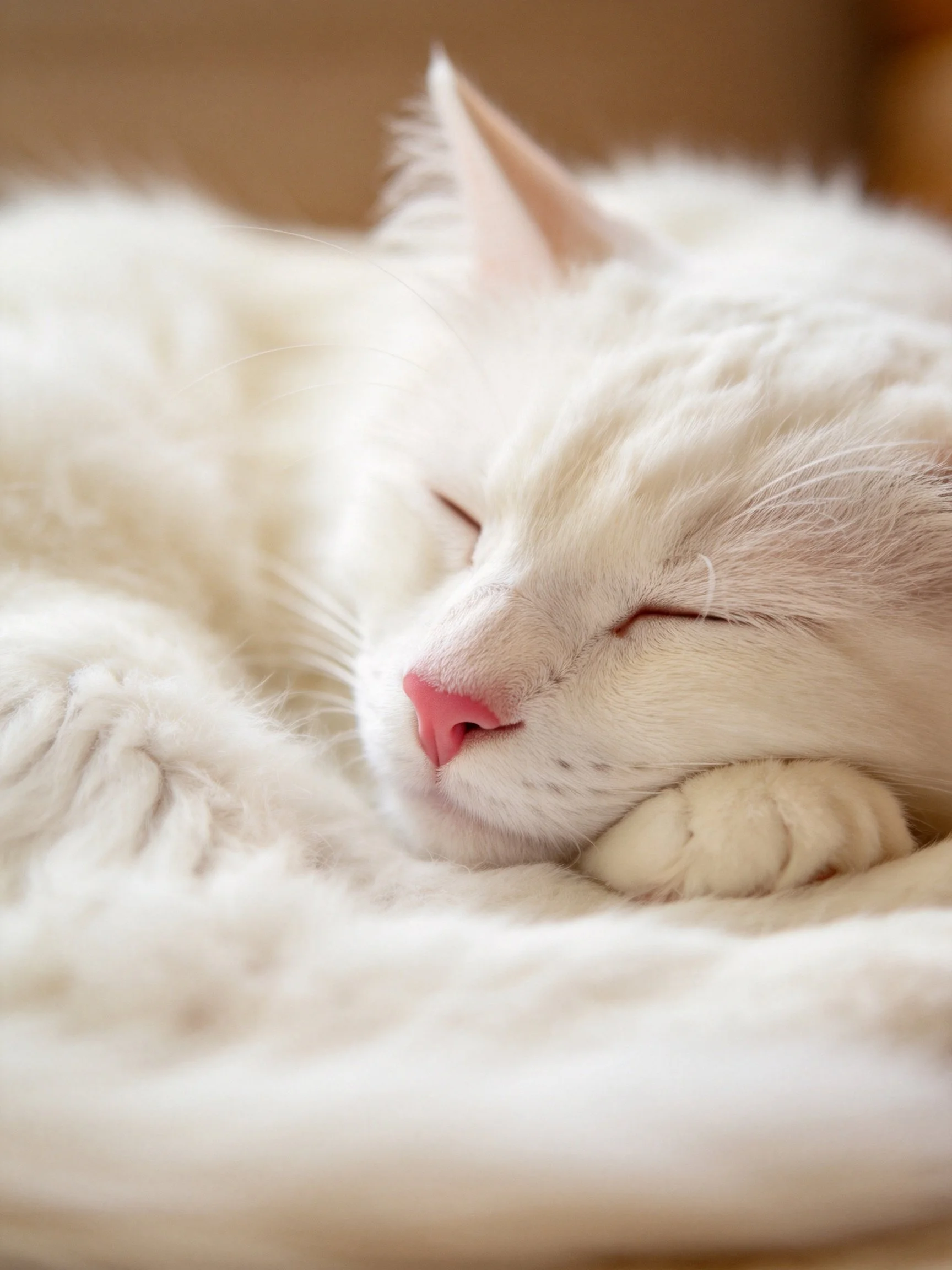 A fluffy white cat peacefully sleeps on softfabric