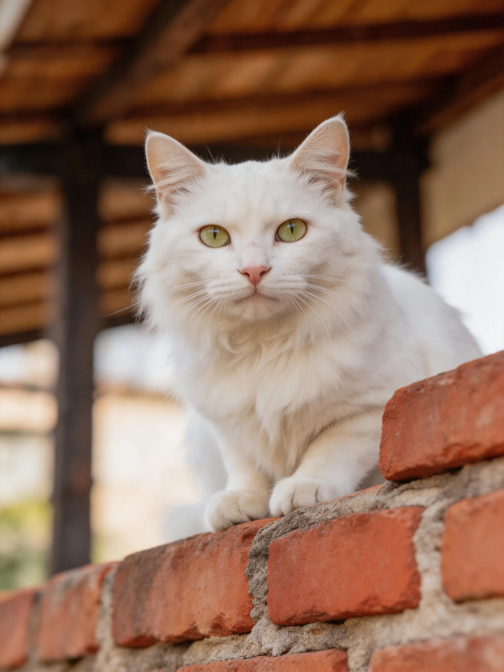 A fluffy white cat sits atop a red brick wall in an outdoor setting.