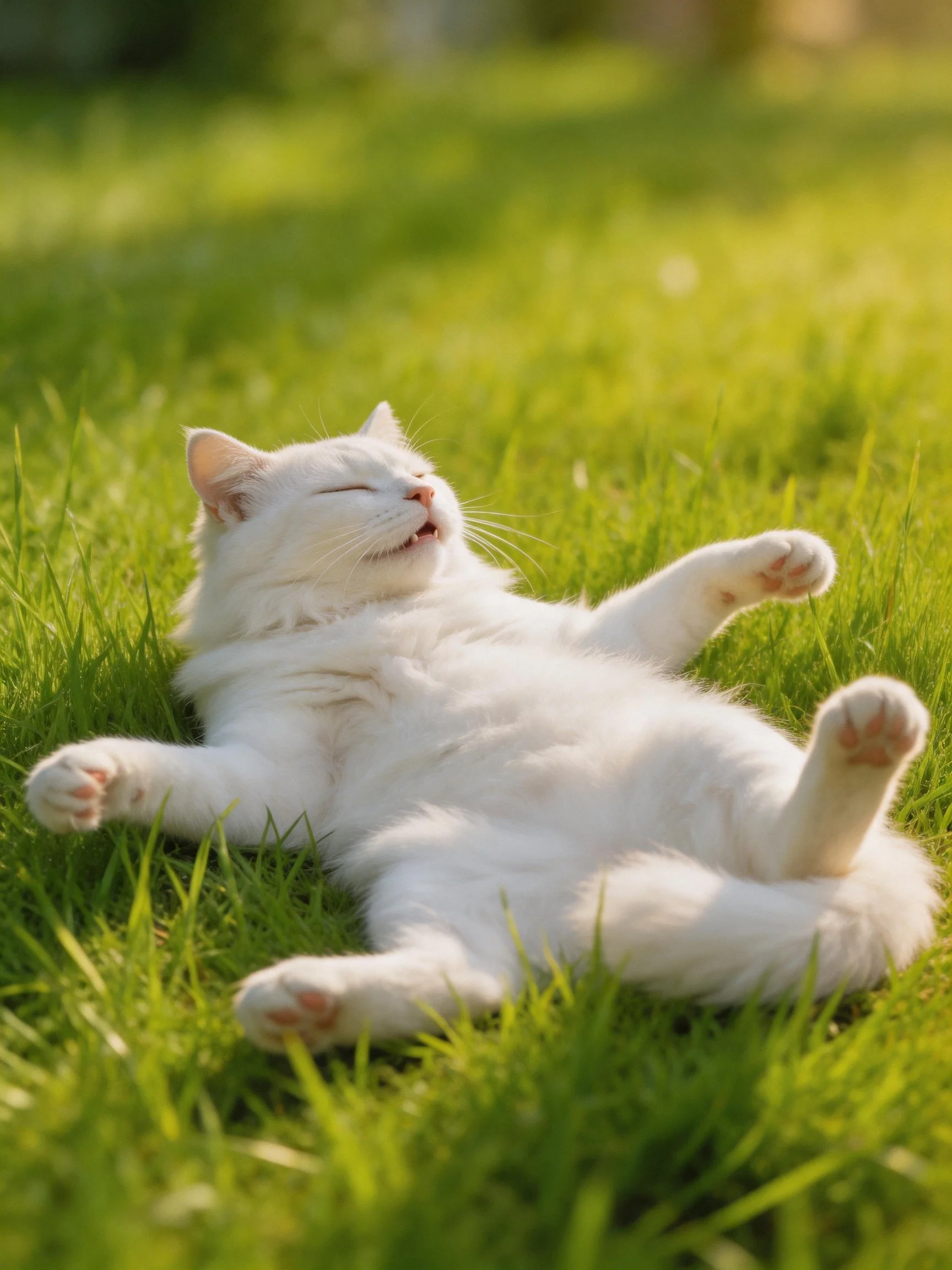 A fluffy white cat relaxing on lush green grass