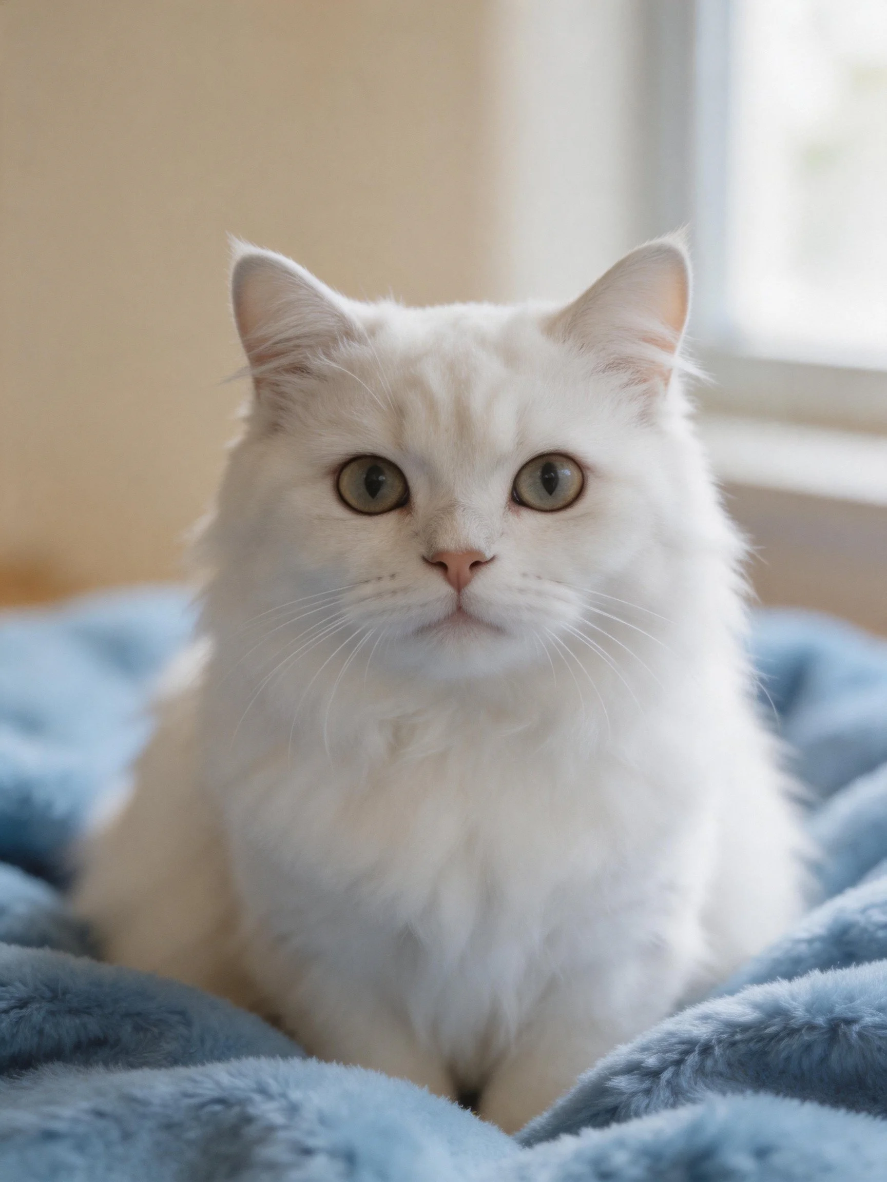 A fluffy white cat sits calmly on a blue blanket next to a window.