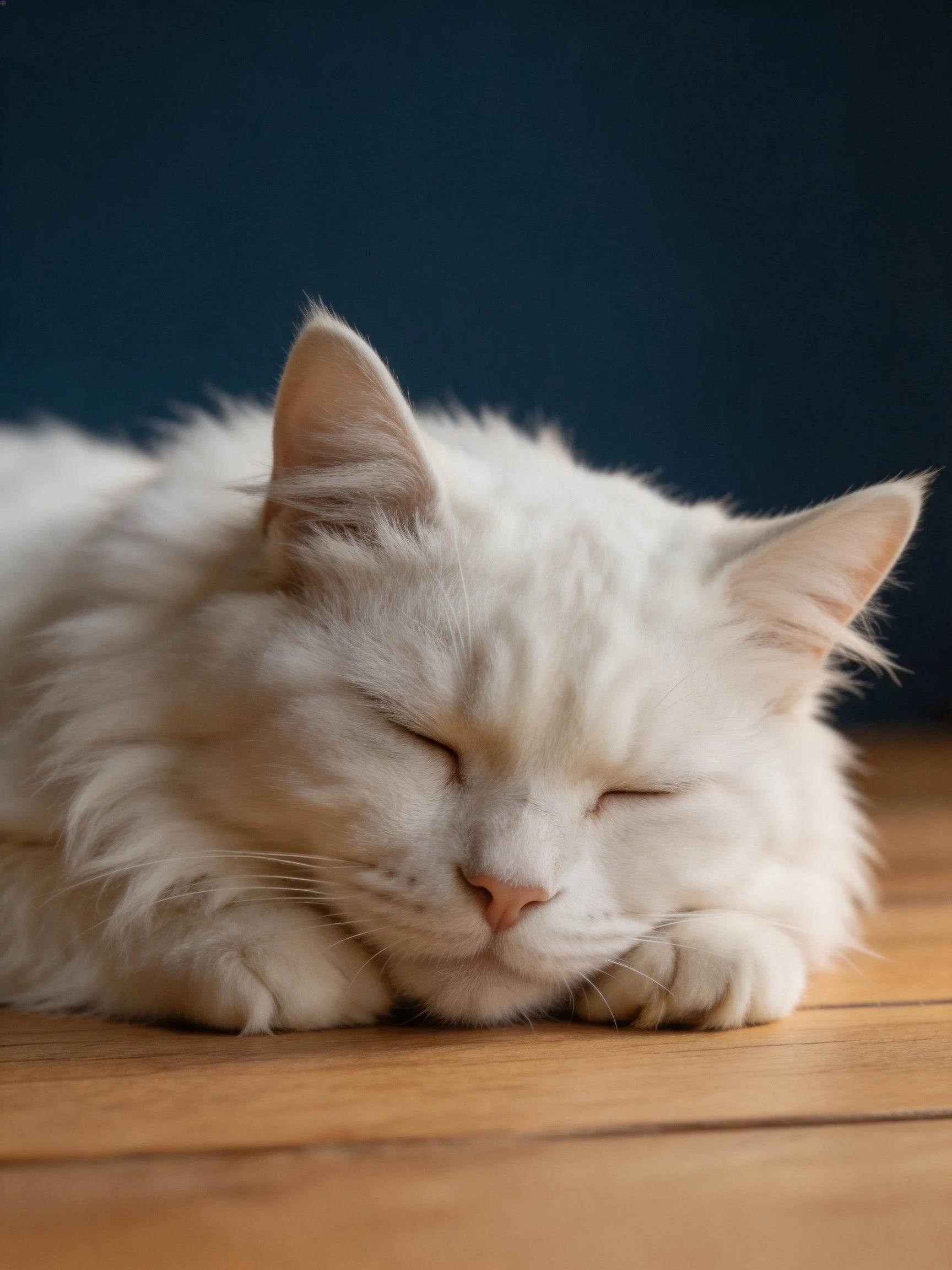 A fluffy white cat resting on a wooden floor