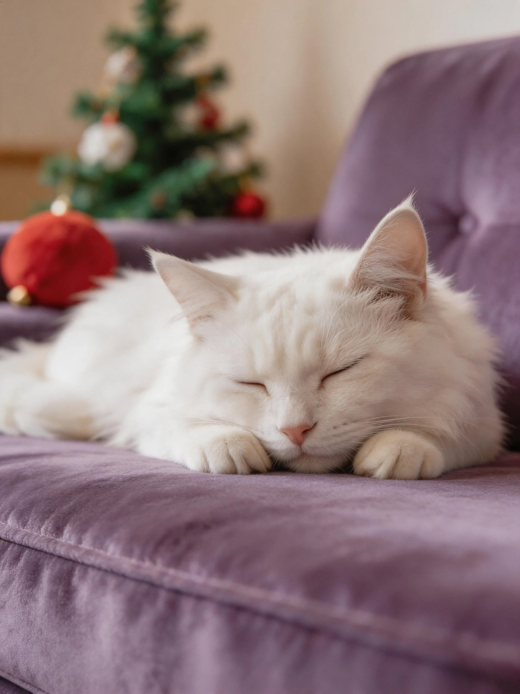 A fluffy white cat sleeps on a purple couch near a small Christmas tree.