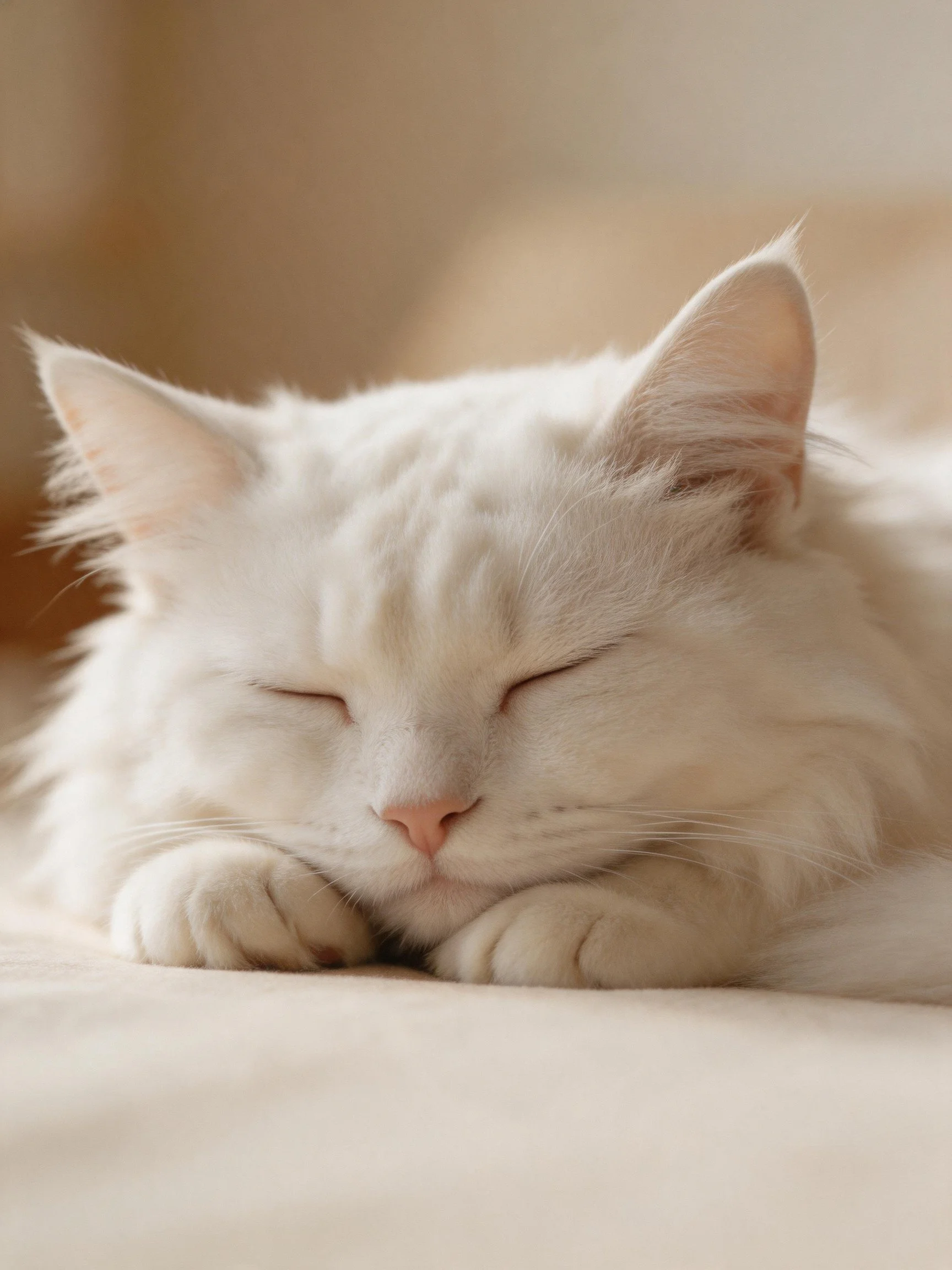 A fluffy white cat sleeps on a soft surface.