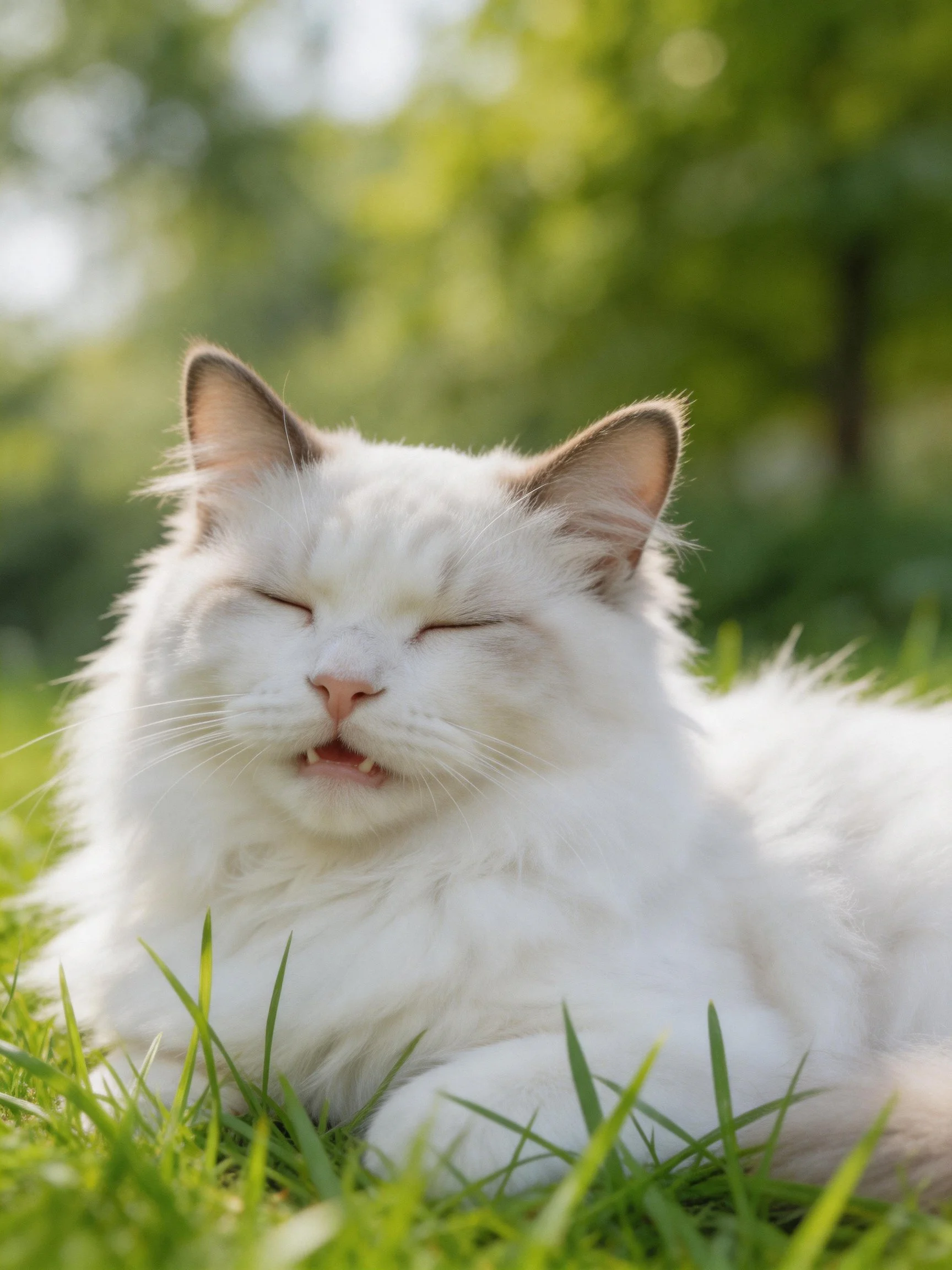 A fluffy white cat relaxes on green grass in a sunlit outdoor area